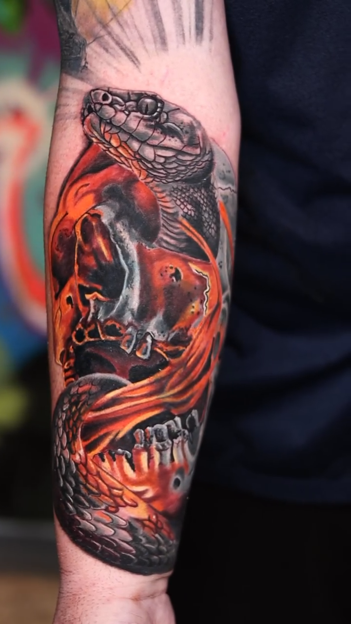 Snake and skull with fire realism tattoo by Drex - Dallas Tattoo Artist