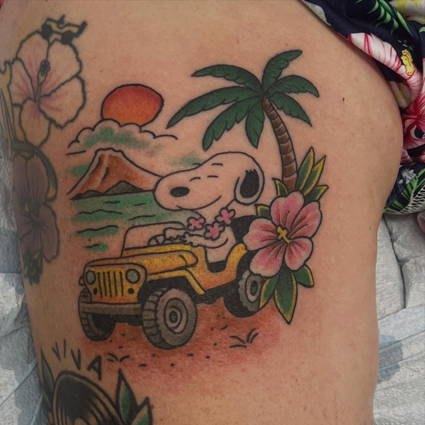 Snoopy driving jeep new school tattoo on the thigh by Franky Sharpz