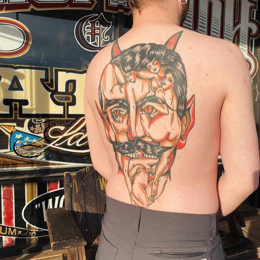Demon with multiple women American traditional tattoo on the back by Nick Weaver