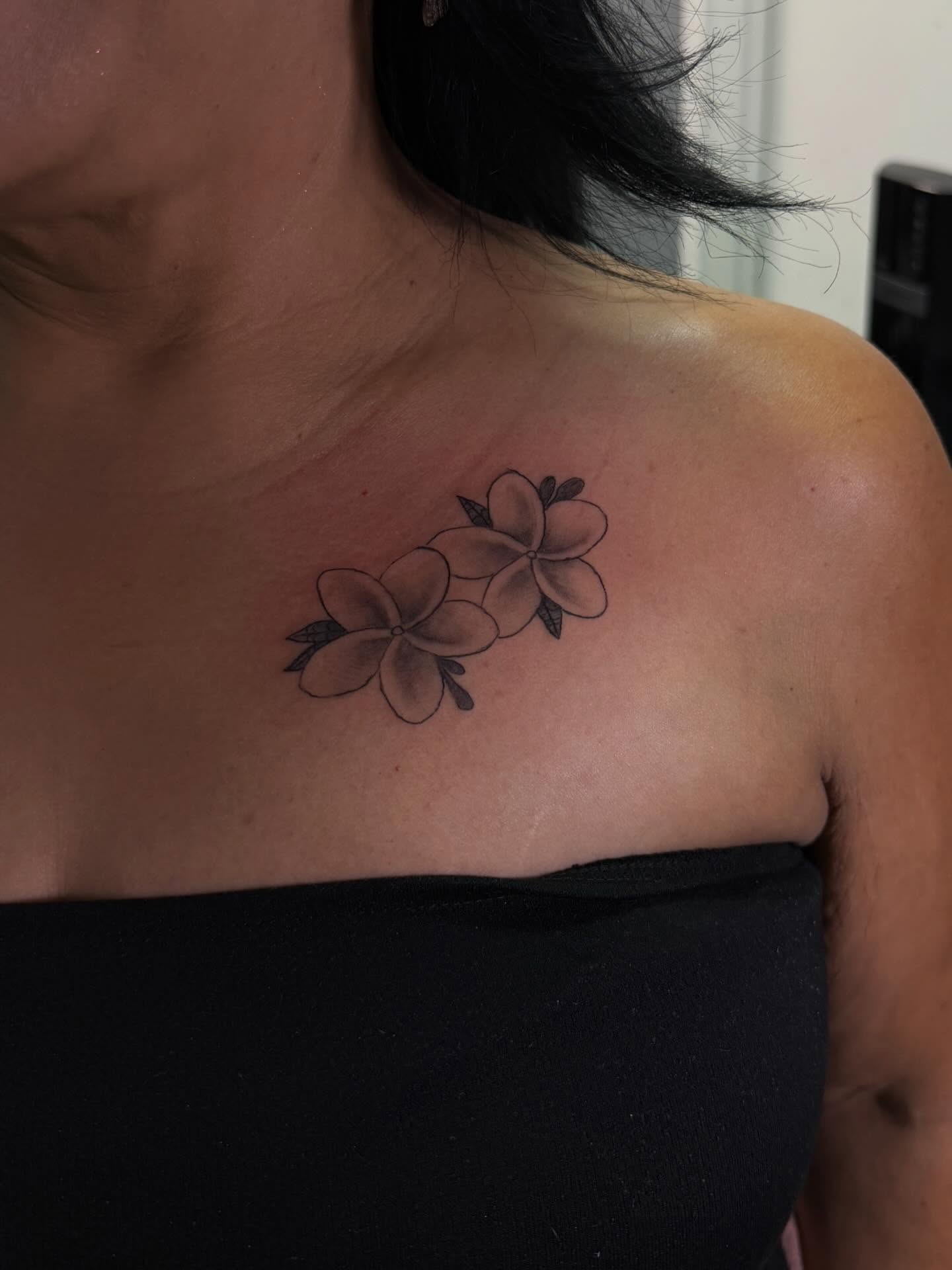 Flowers black and grey tattoo on the shoulder by Kevin, Las Vegas, Nevada
