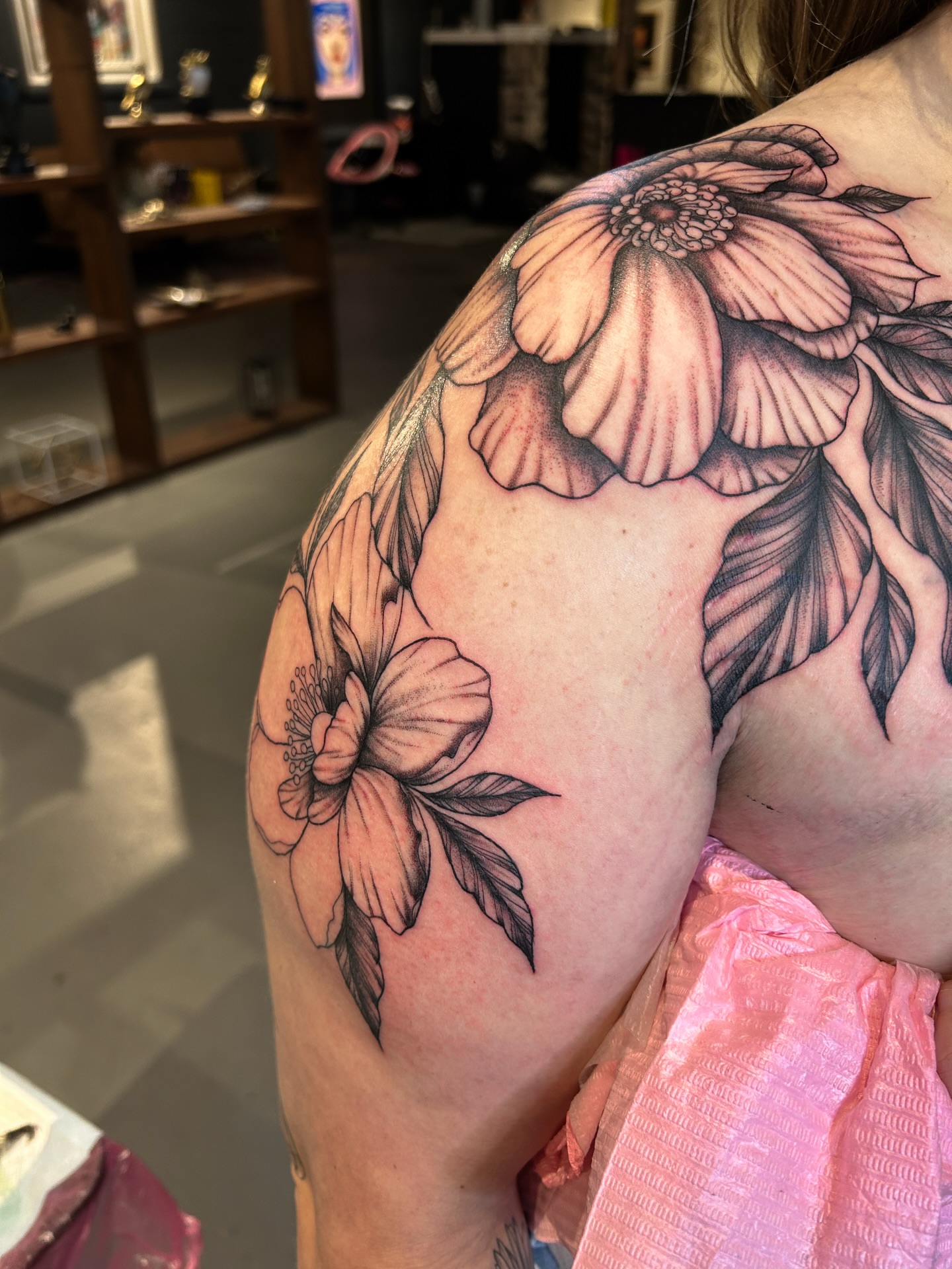 Flower black and grey tattoo on the shoulder by @inkspirationtattoo_co