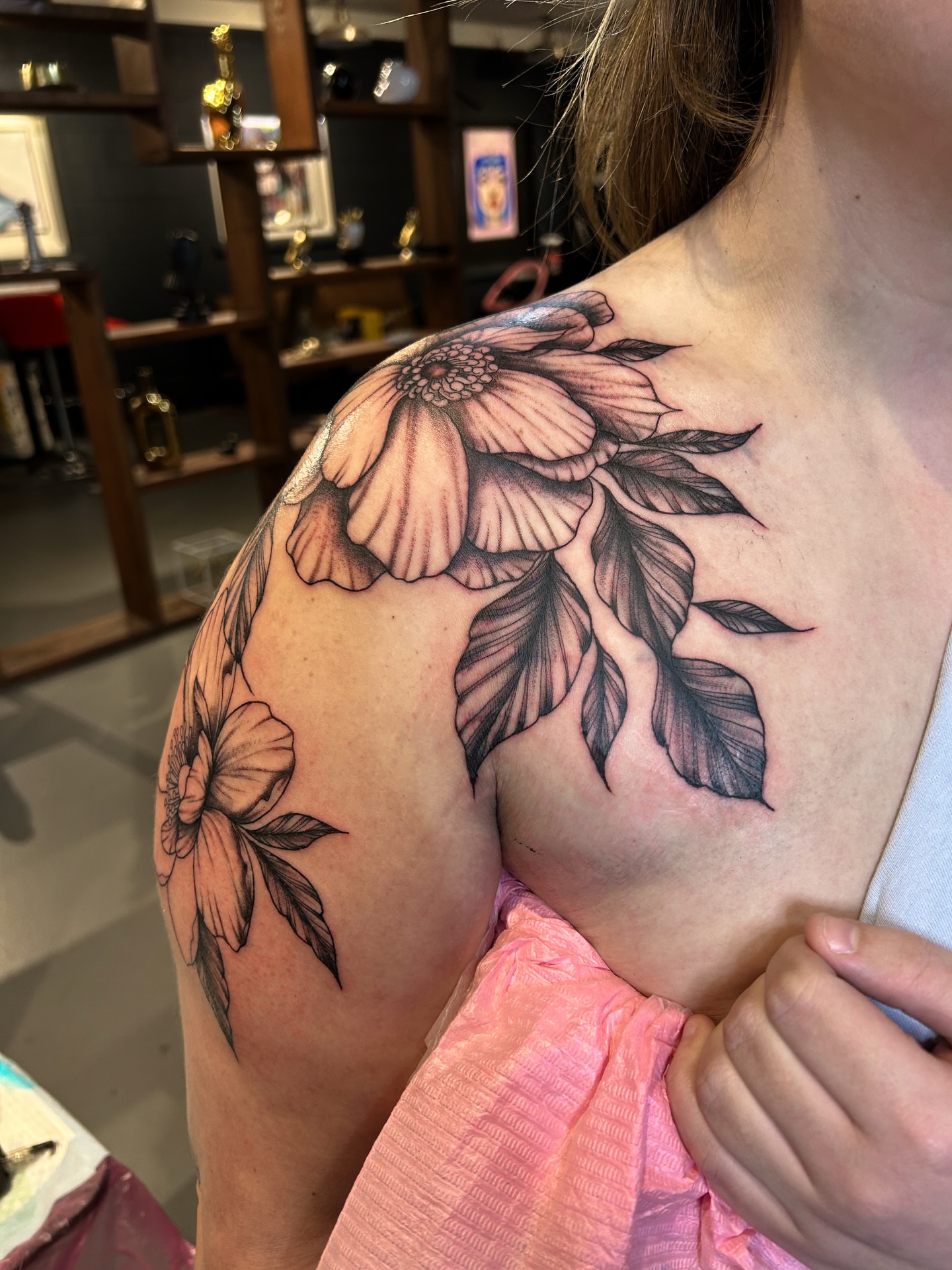 Flower black and grey tattoo on the shoulder by @inkspirationtattoo_co