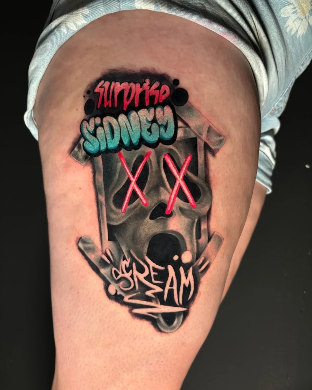 Masked ghost dotwork tattoo on the thigh by Brian Overholt