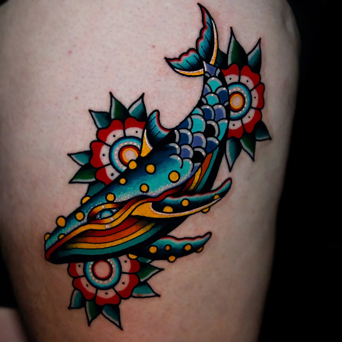 Whale American traditional tattoo on the thigh by Don Boos Tattoos