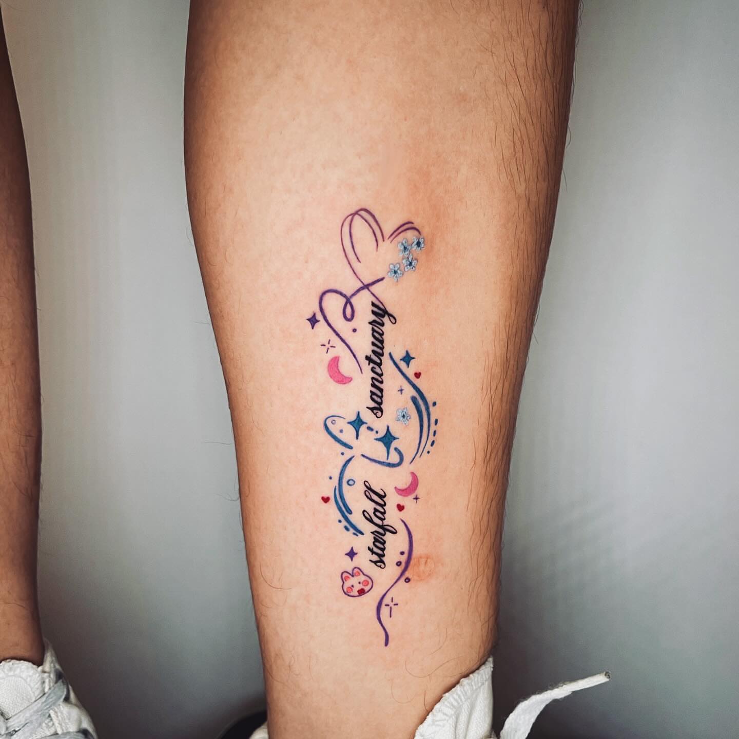 Sky and stars dotwork tattoo on the calf by vivian