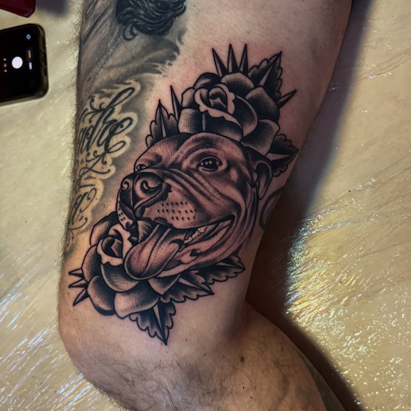 Bulldog with roses American traditional tattoo on the forearm by Angus Perfect, Philadelphia, Pennsylvania