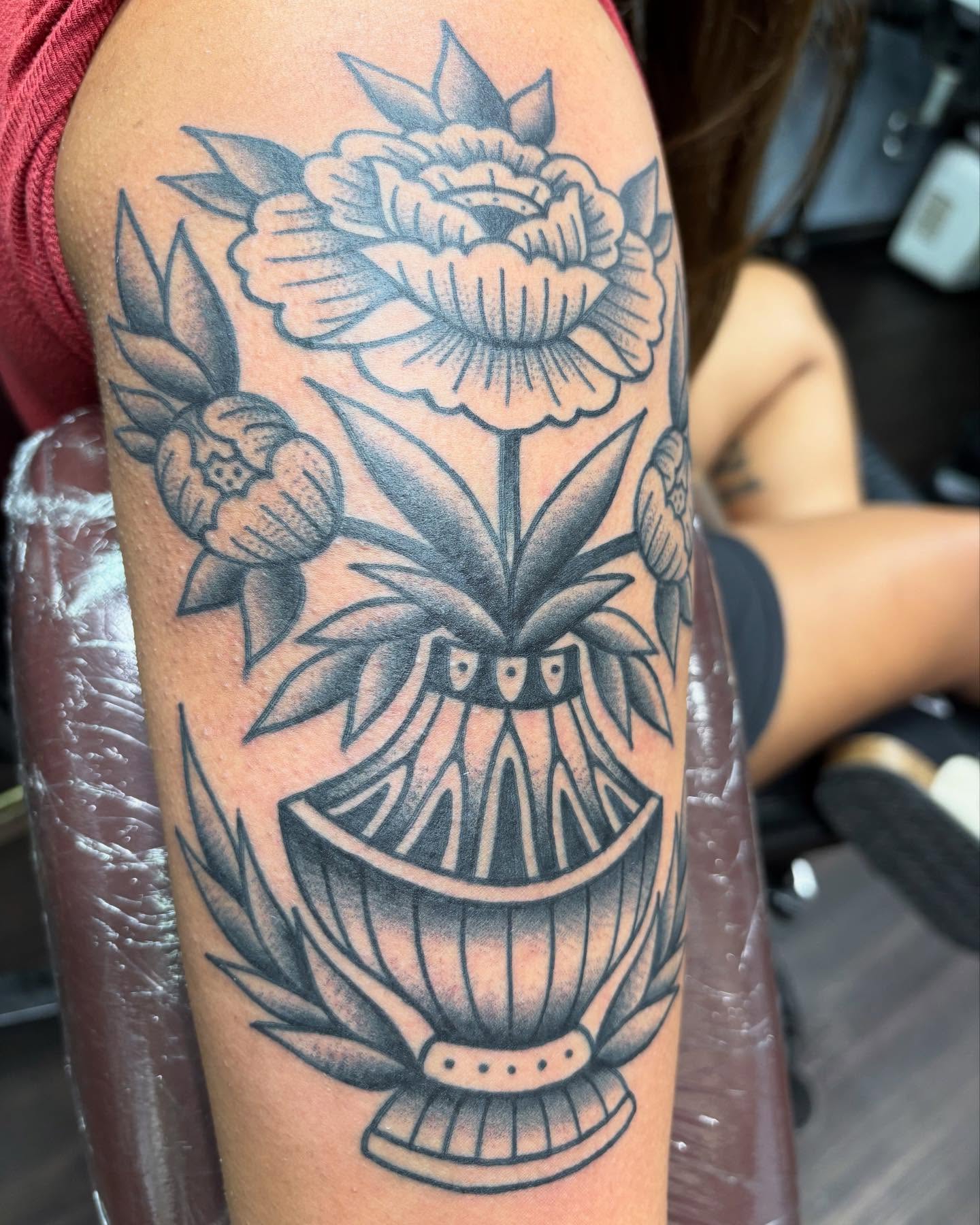 Flower arrangement American traditional tattoo on the forearm by ✨Shelby ✨