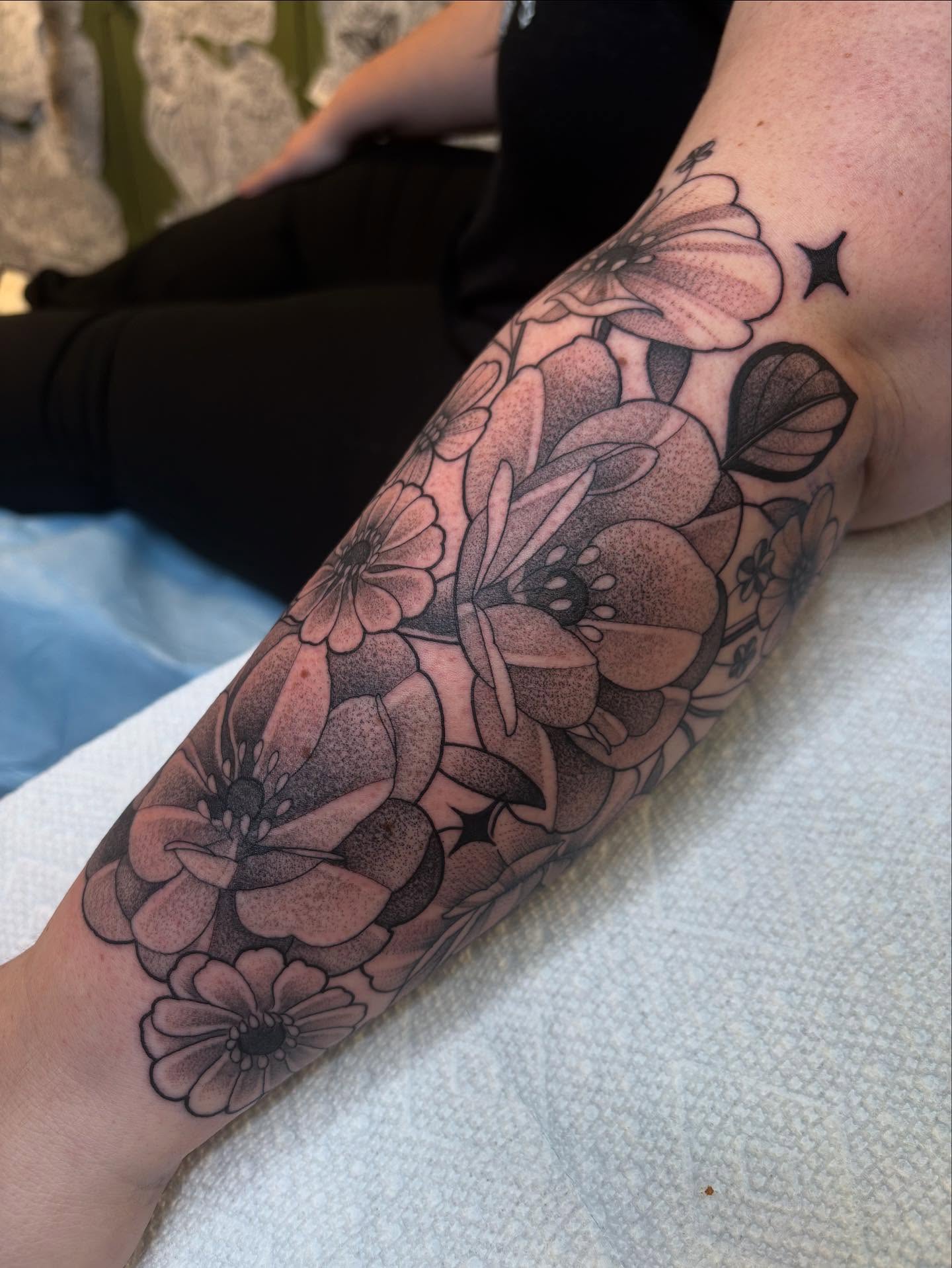 Floral bouquet black and grey tattoo on the forearm by š¤Madeline Kristenš¤, Somerset, Wisconsin