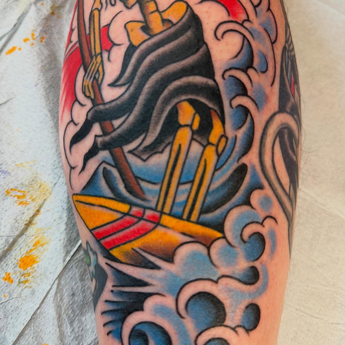 Ship sailing through storm American traditional tattoo on the forearm by Grandma Approved, Chicago, Illinois