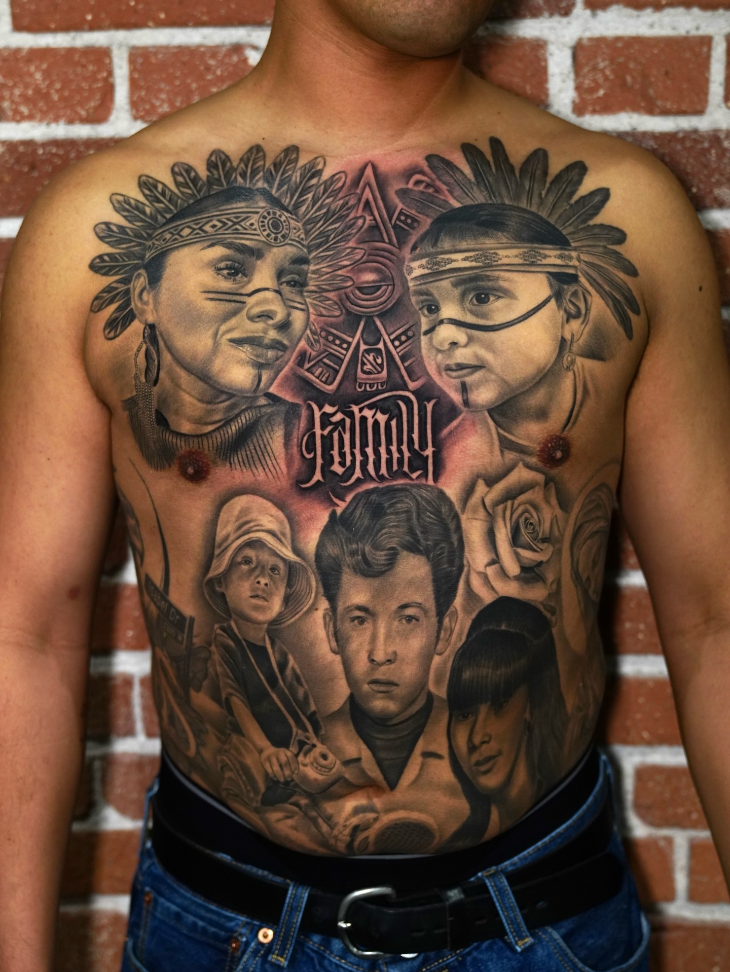 Family portrait American traditional tattoo on the chest by Luis Peña