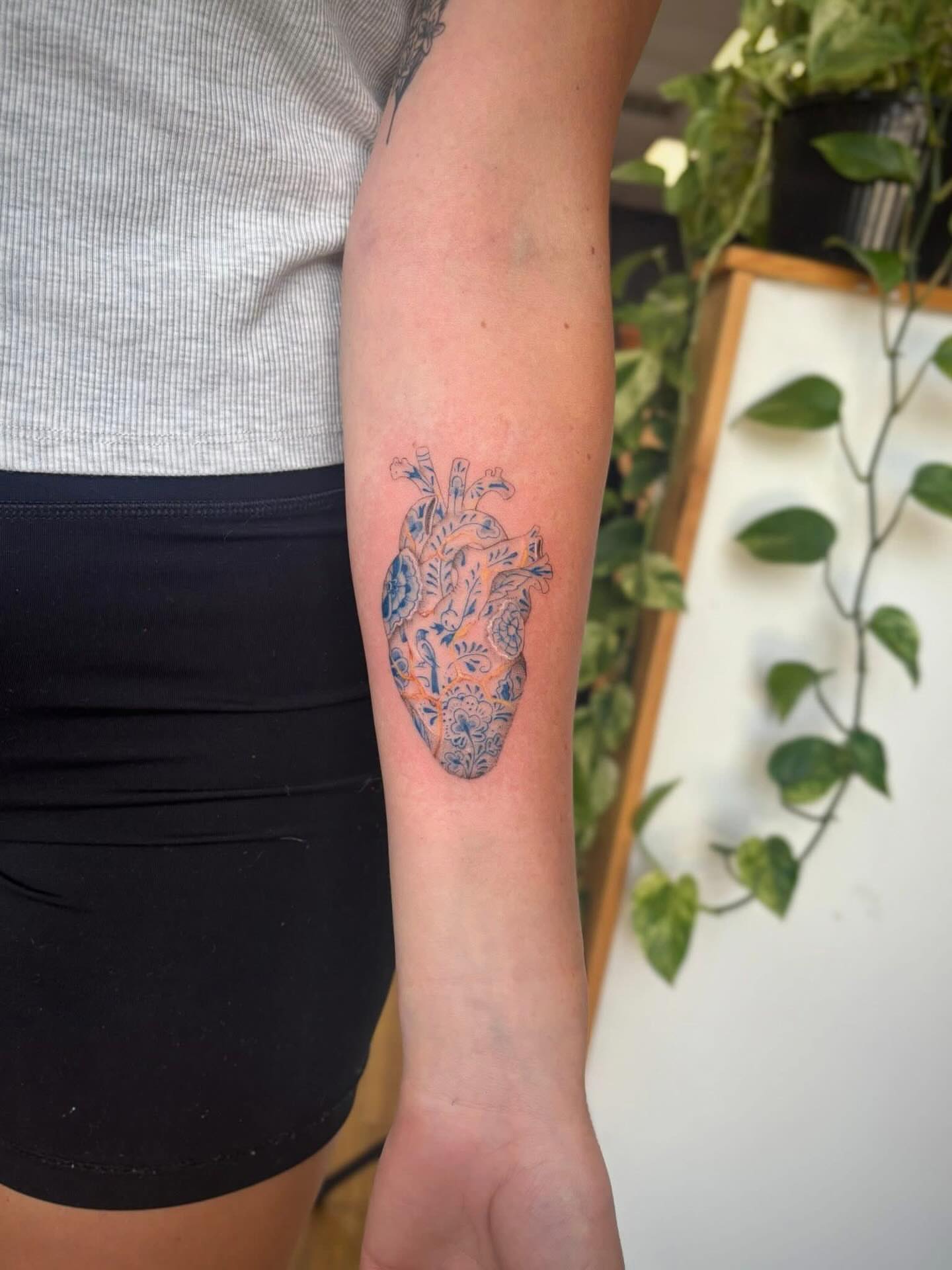Anatomical heart ornamental tattoo on the forearm by Harley Lane ๐ซ