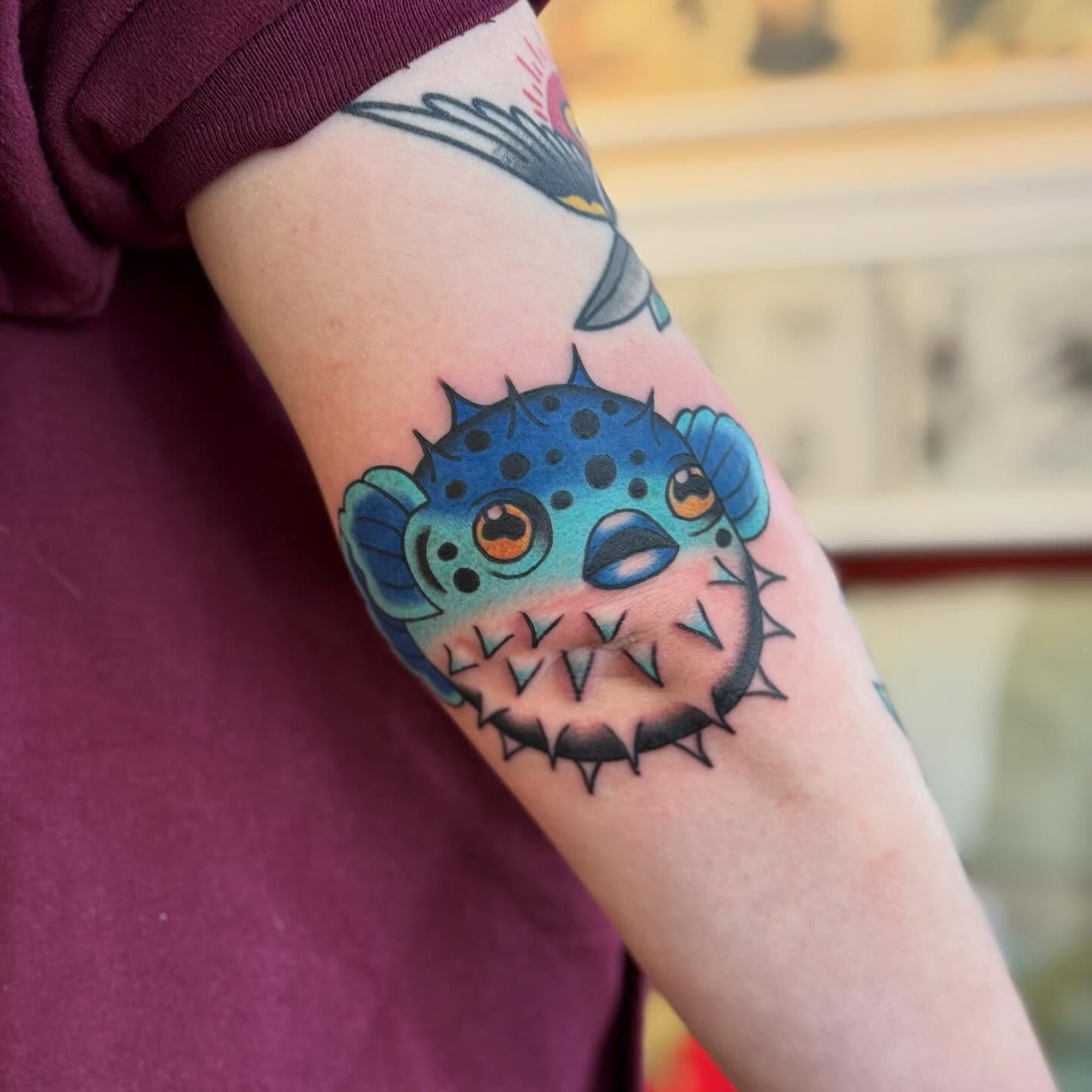 Puffer fish dotwork tattoo on the forearm by katie lou, Norwich, Connecticut