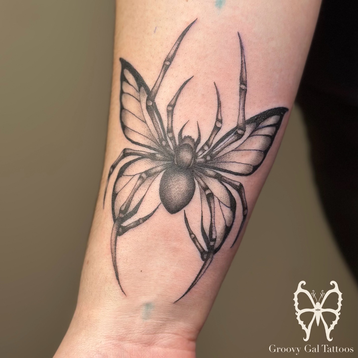 Spider dotwork tattoo on the forearm by Groovy P