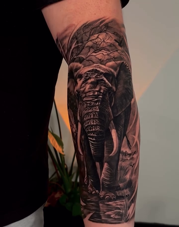 Elephant in African landscape realism tattoo by Nathan, Charlotte, North Carolina