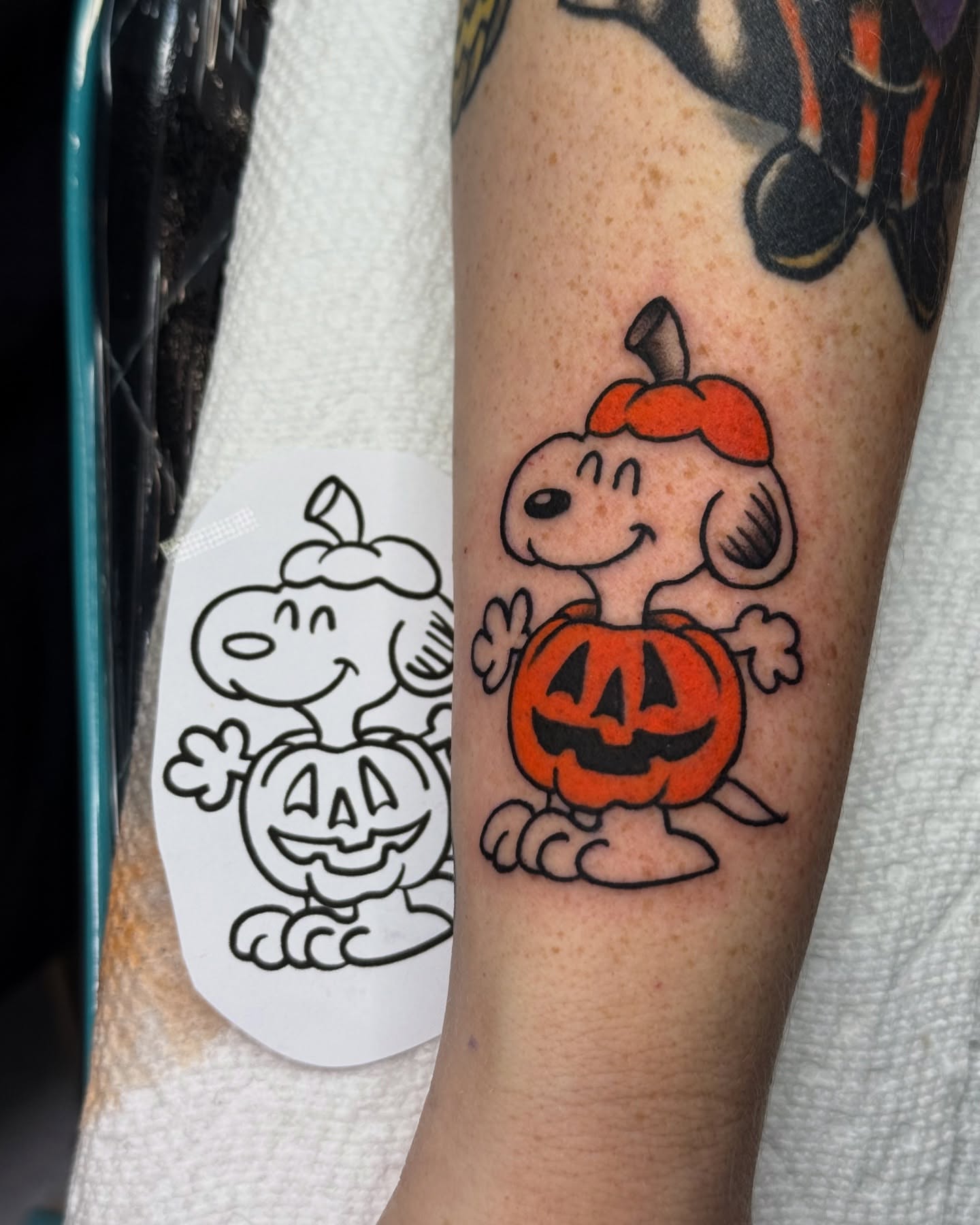 Snoopy in pumpkin illustrative tattoo on the forearm by Ash Nicola, Asheville, North Carolina