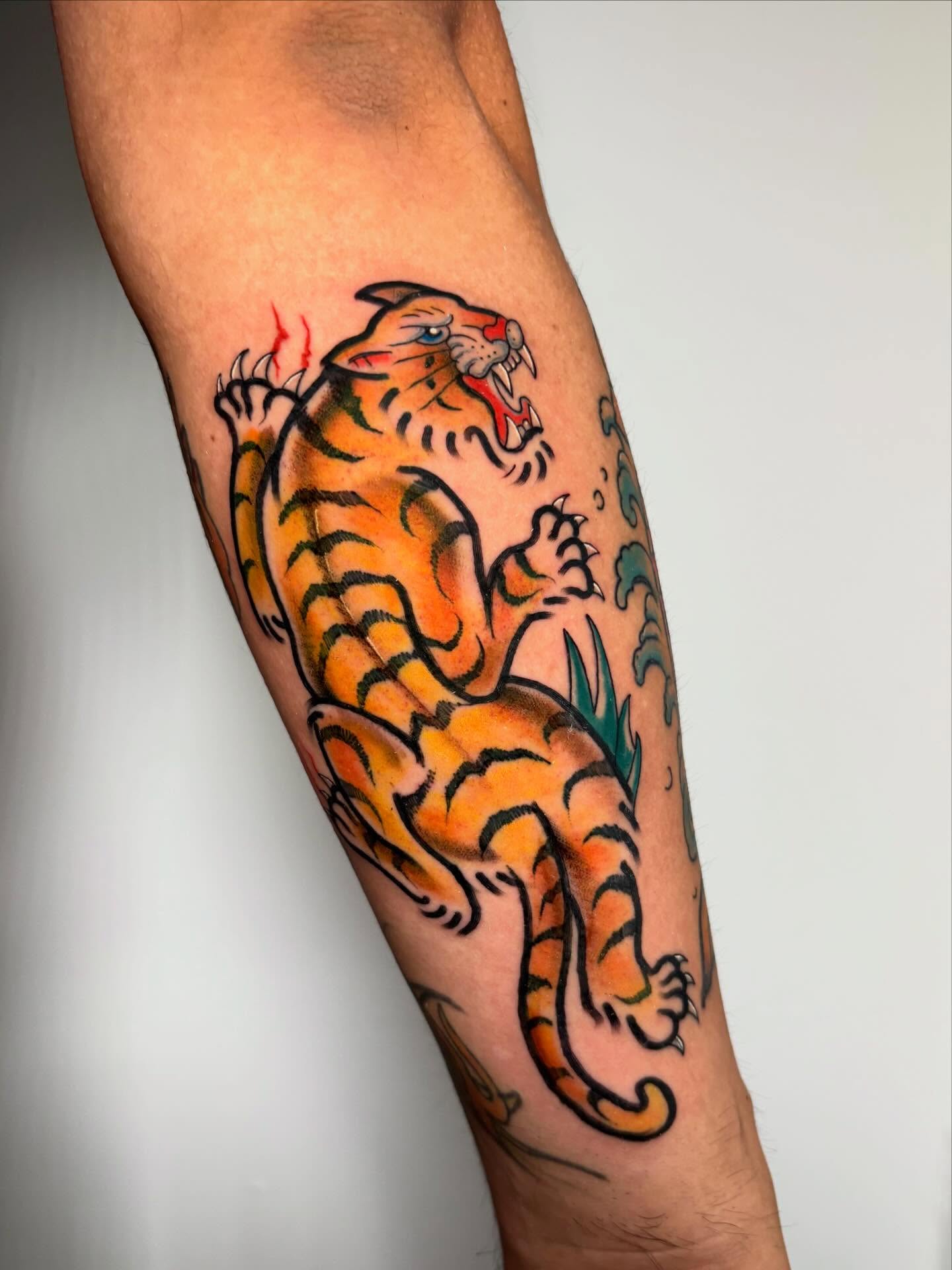 Tiger American traditional tattoo on the forearm by ✶ 𝑺𝑰𝑳𝑽𝑨𝑵𝑨