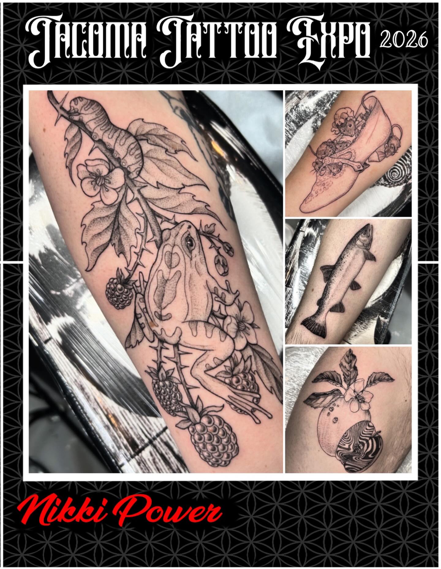 Frog and fruit black and grey tattoo on the forearm by Nikki Power