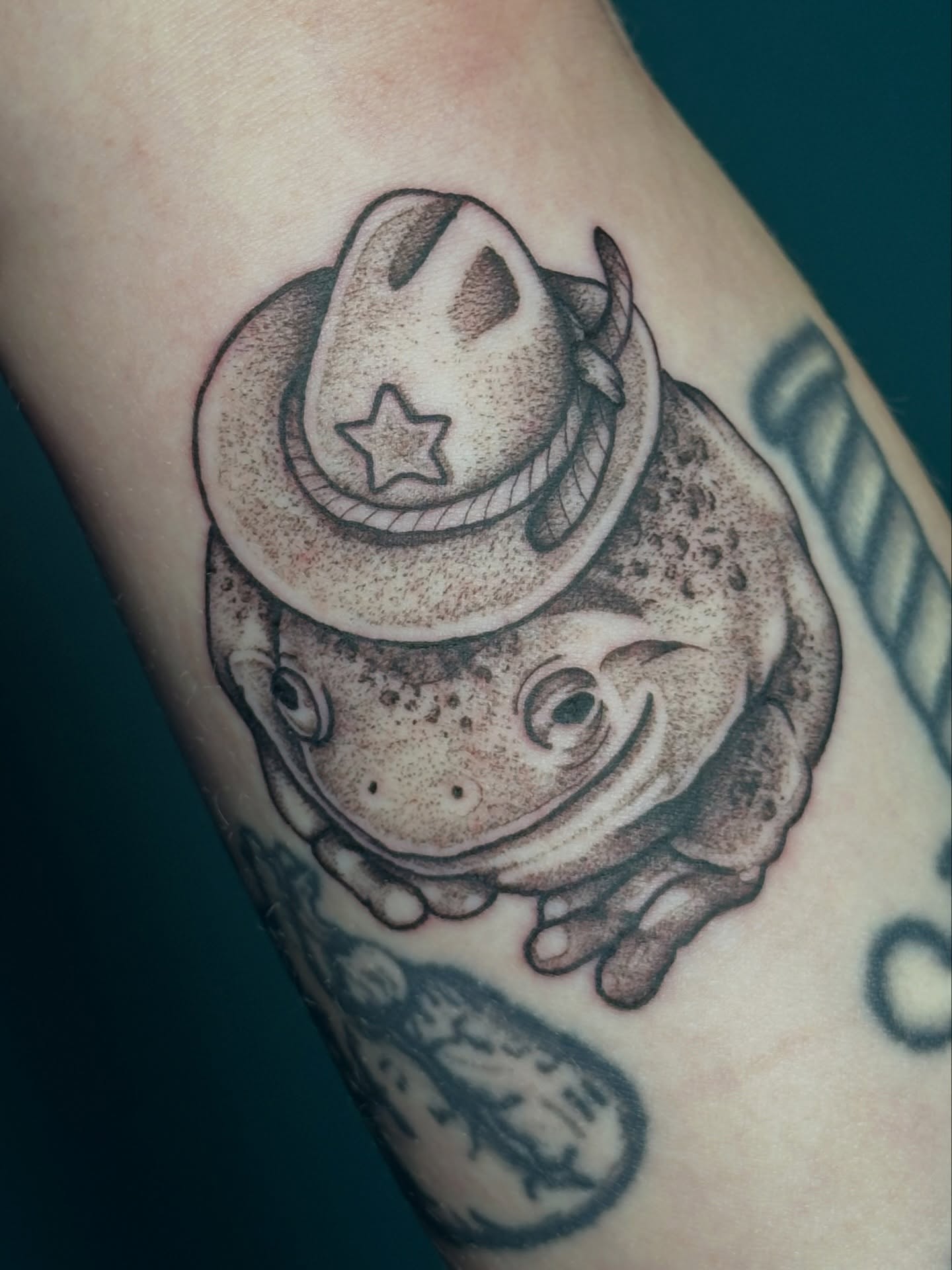 Cowboy frog black and grey tattoo on the forearm by kennedy :) π±πΏ