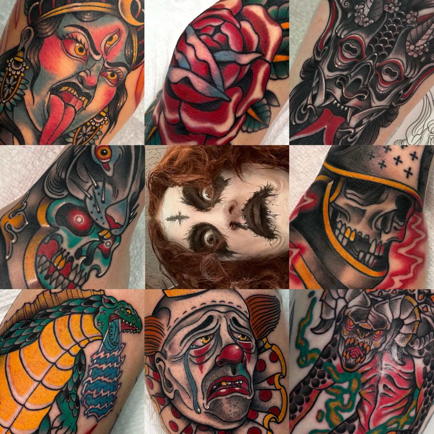 Clown American traditional tattoo on the upper arm by Sky G, Colorado Springs, Colorado