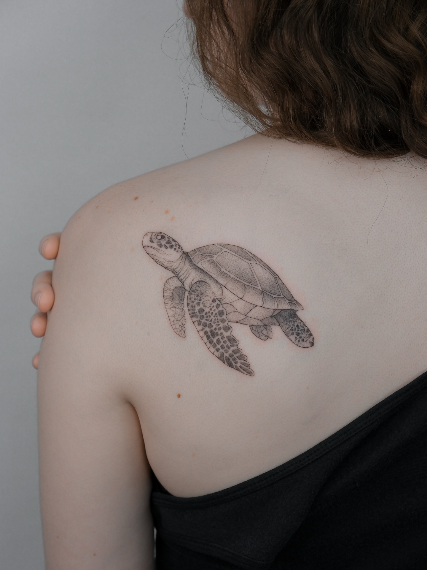 Sea turtle black and grey tattoo on the shoulder by Tattoo in Charlotte NC, Charlotte, North Carolina