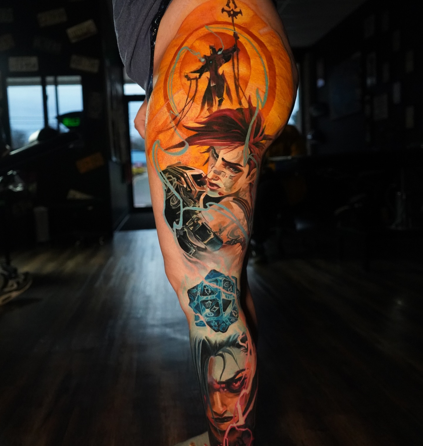Fantasy warrior illustrative tattoo on the leg by Darl Gnau