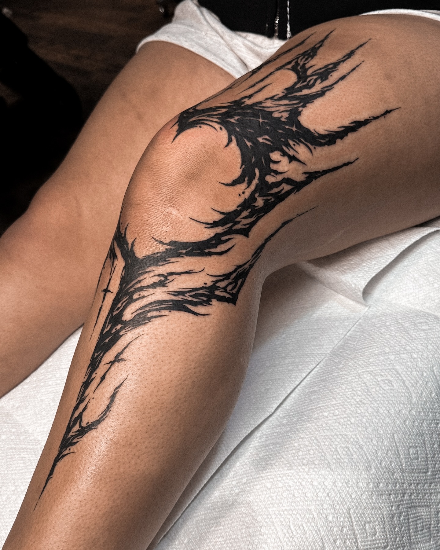 Flame black and grey tattoo on the thigh by Taylin Johnson- Illustrative Blackwork, Columbus, Ohio