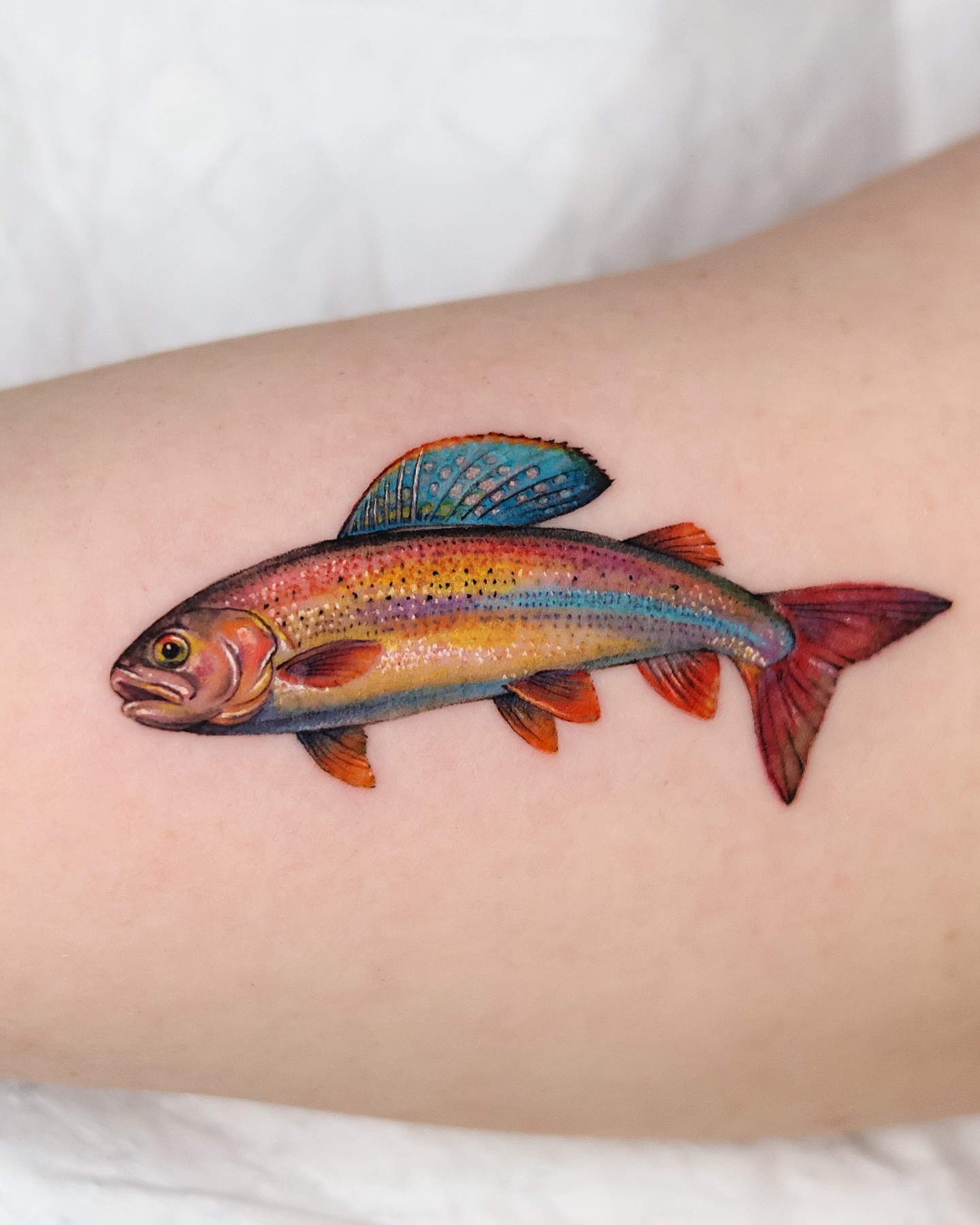 Rainbow trout realism tattoo on the forearm by 𝒀𝒖𝒏𝒎𝒊 𝑷𝒂𝒓𝒌