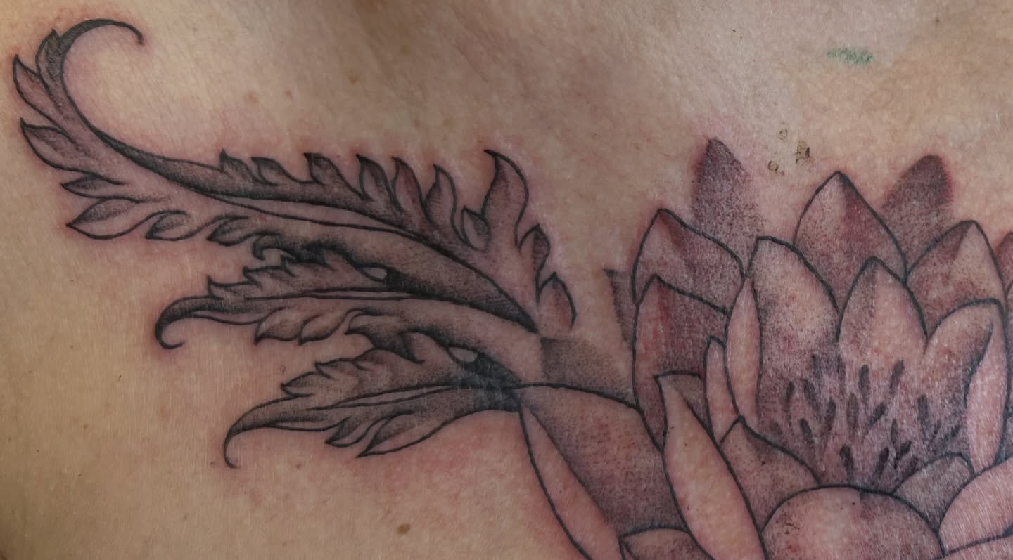 Lotus flower and dragon black and grey tattoo on the chest by Dani McBay