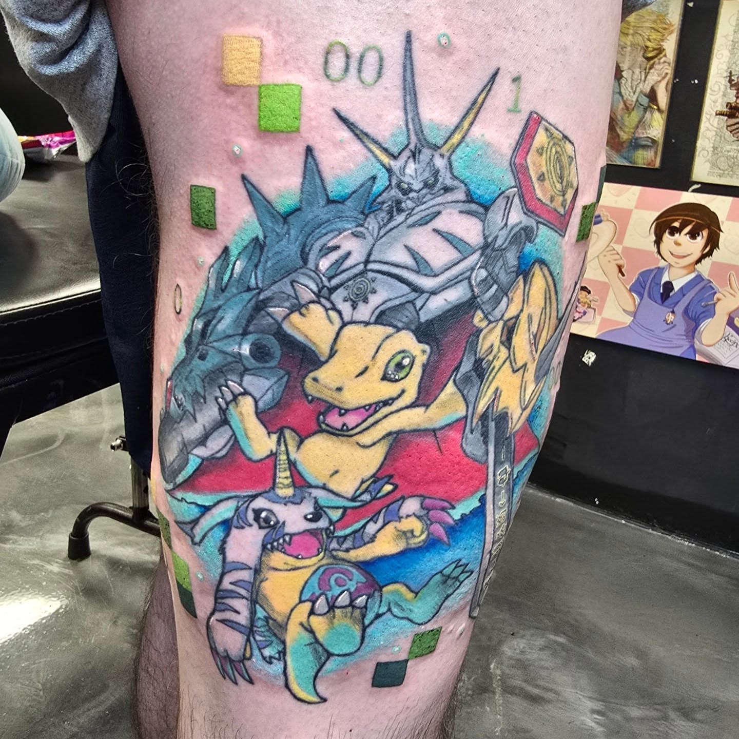 Pokémon characters new school tattoo on the thigh by Val Sanchez