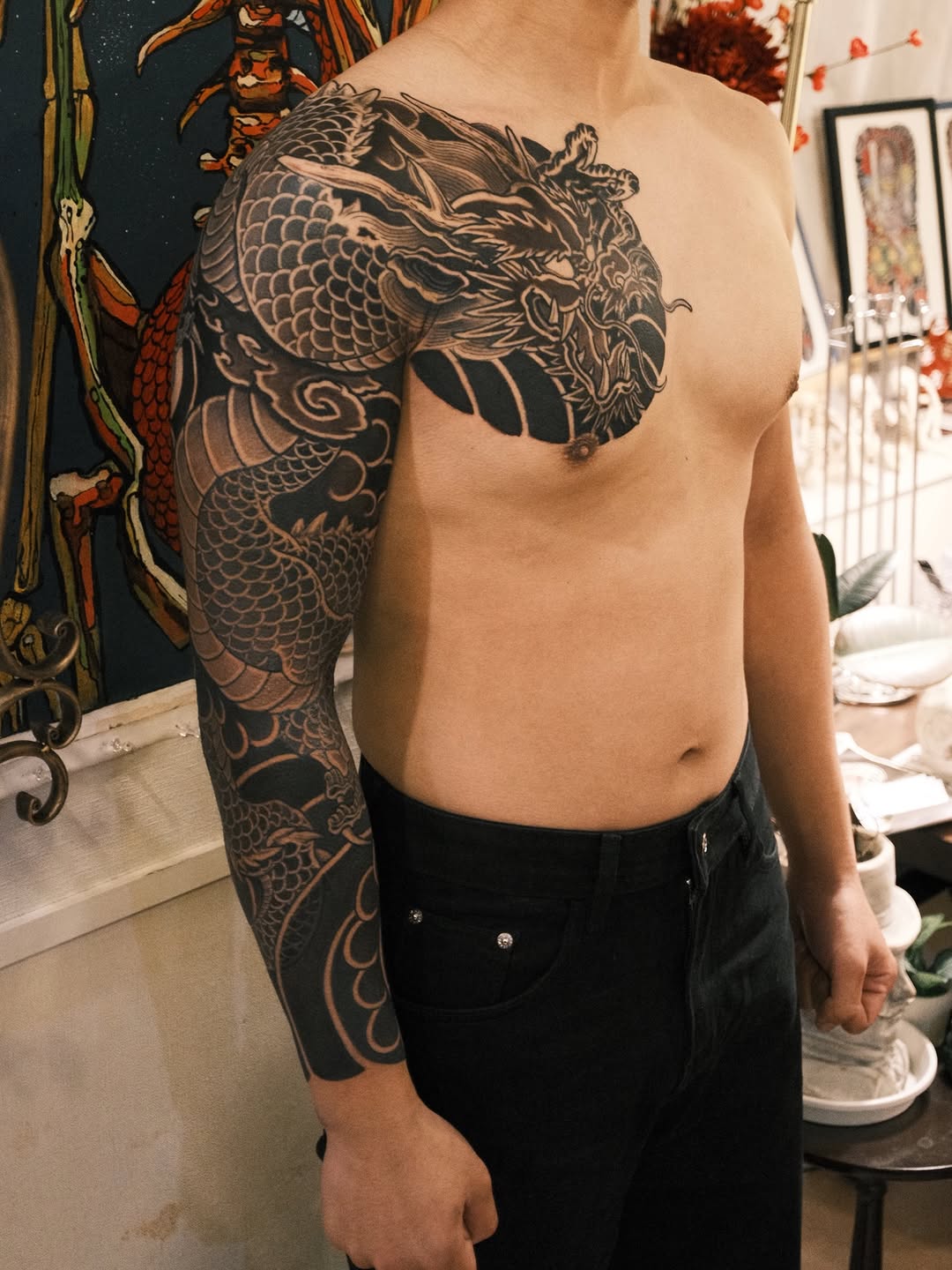 Dragon sleeve Japanese tattoo on the chest by Kubo