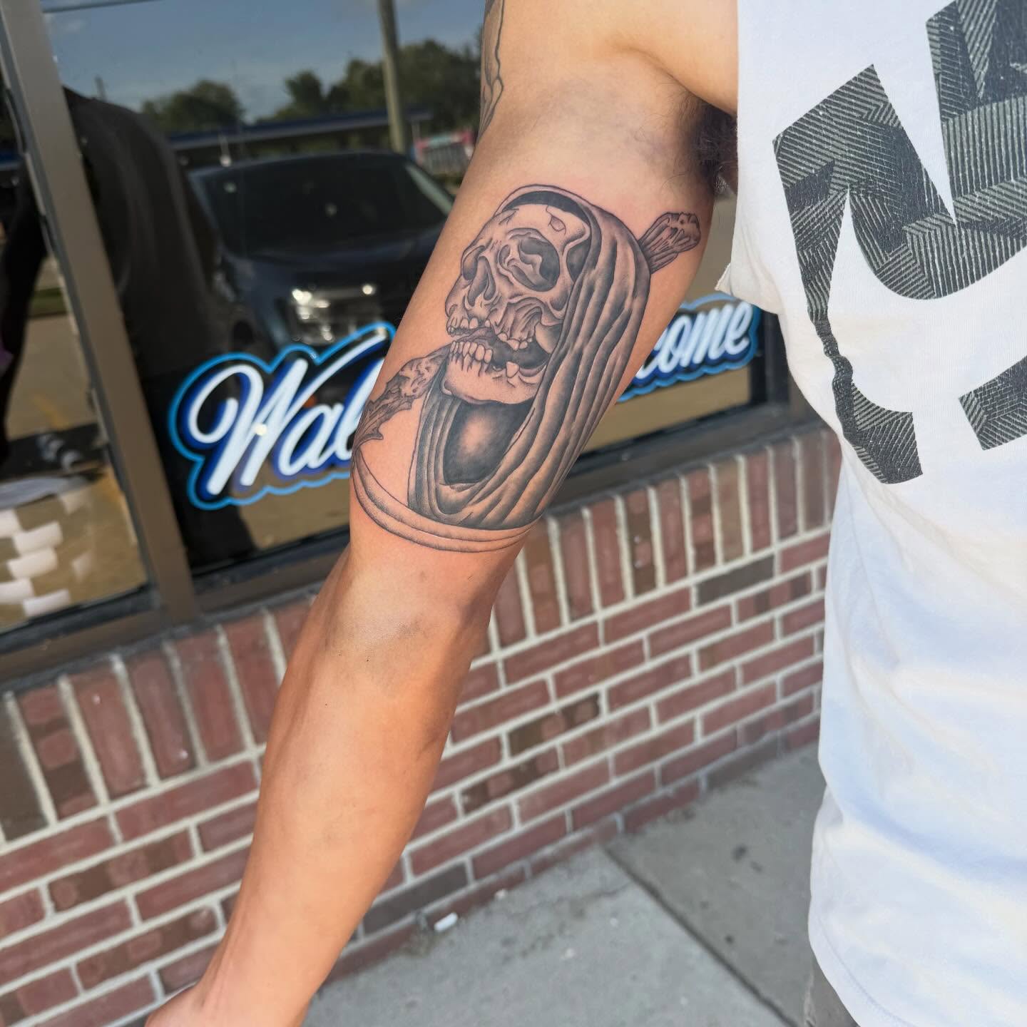 Skull in hood black and grey tattoo on the forearm by amelia morse ⋆。°✩ mi tattoo artist