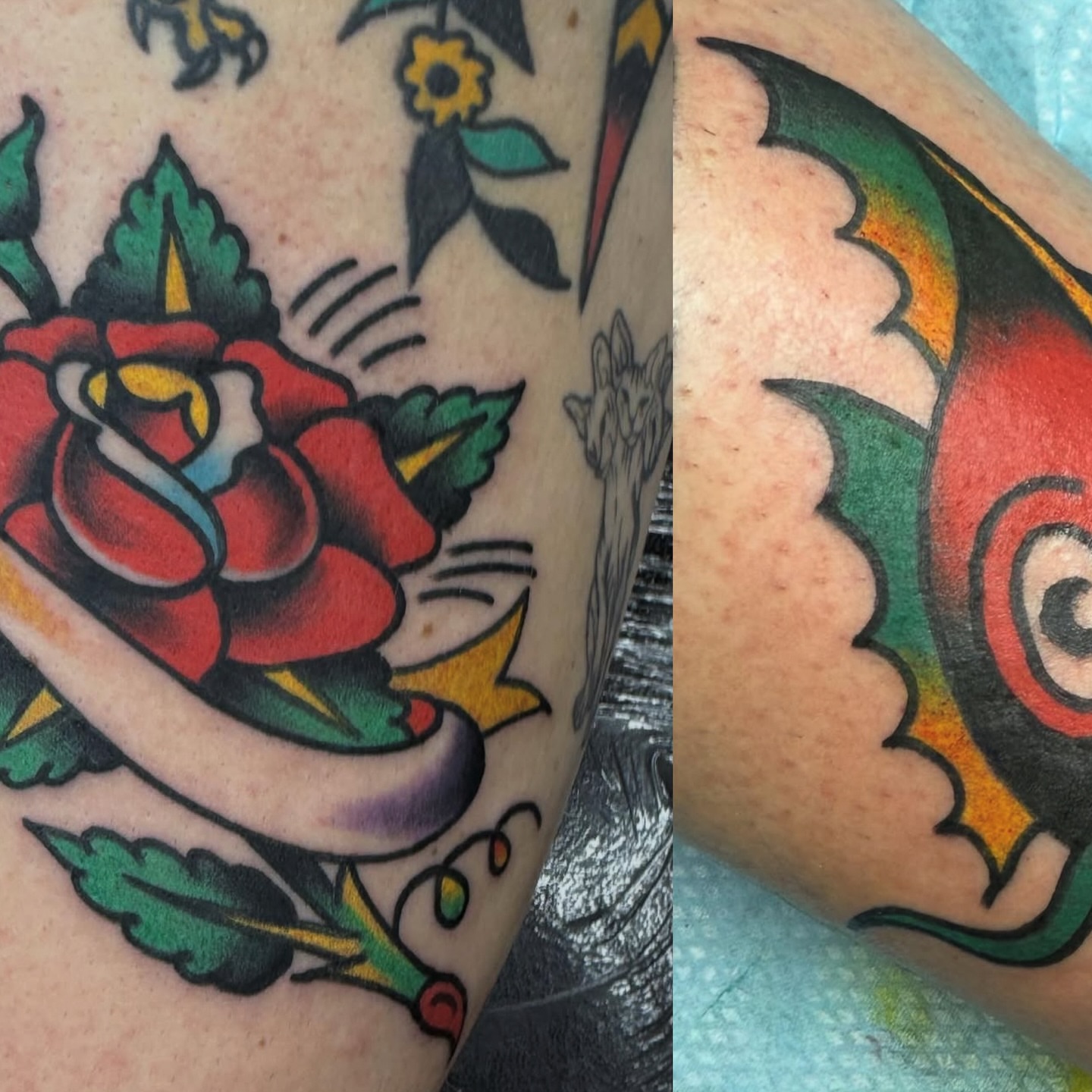 Rose and fish American traditional tattoo on the forearm by Eva, Matawan, New Jersey