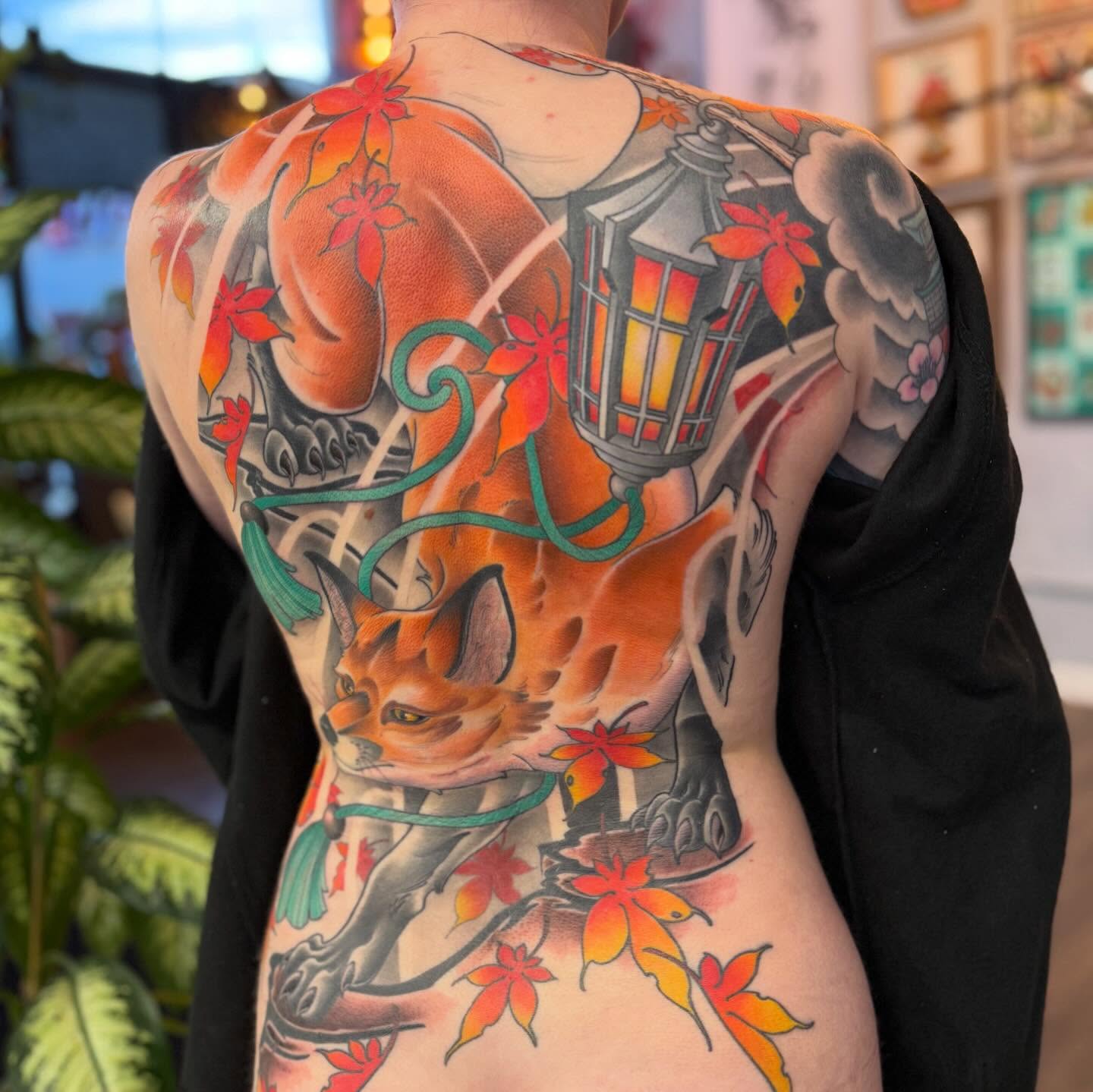Fox and lantern japanese irezumi tattoo on the back by Chase Martines