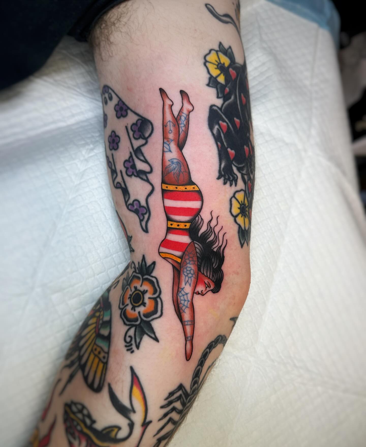 Diver American traditional tattoo on the forearm by Alex Finnerty, Reading, Massachusetts