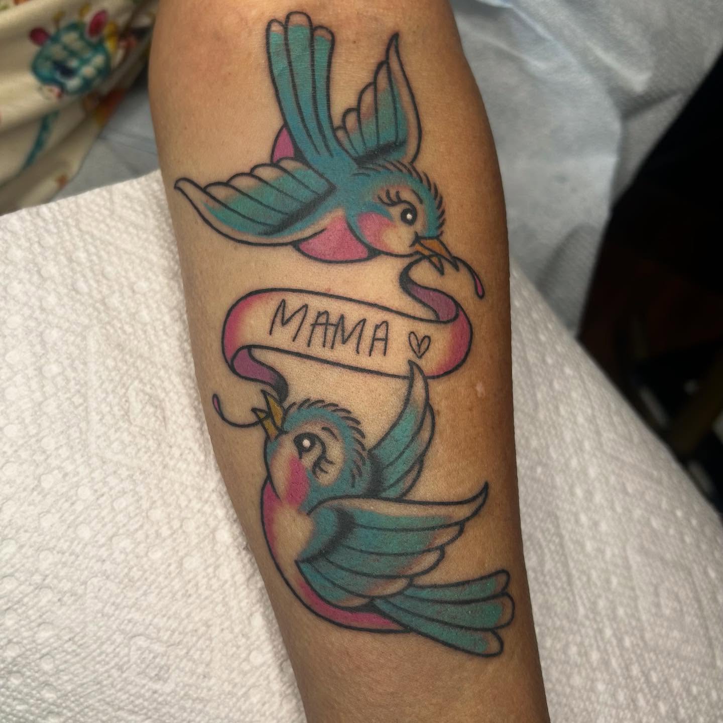 Birds and ribbon American traditional tattoo on the forearm by ☻ darby robertson ☻
