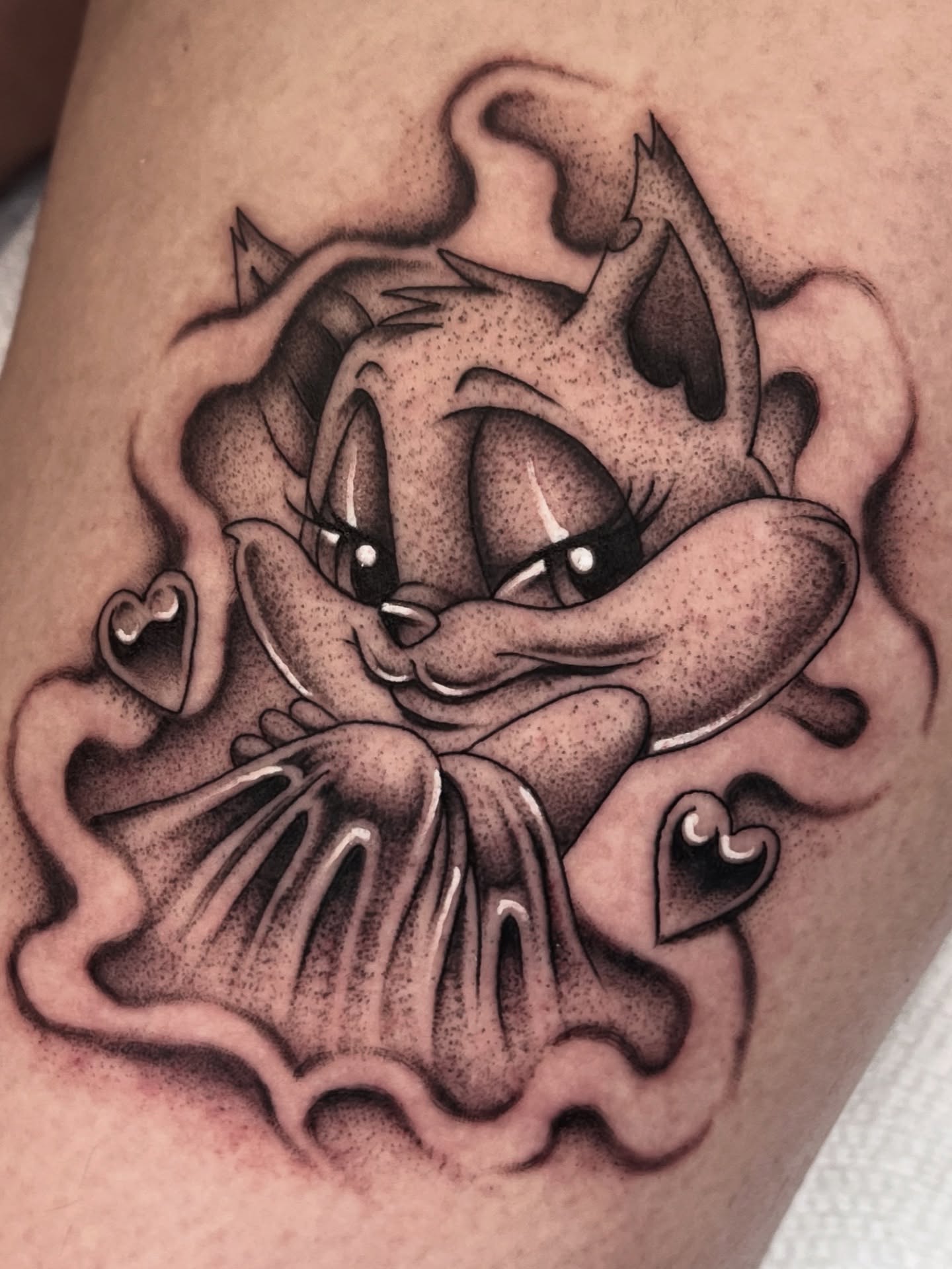 Tom cat black and grey tattoo on the forearm by Jesus Pieces