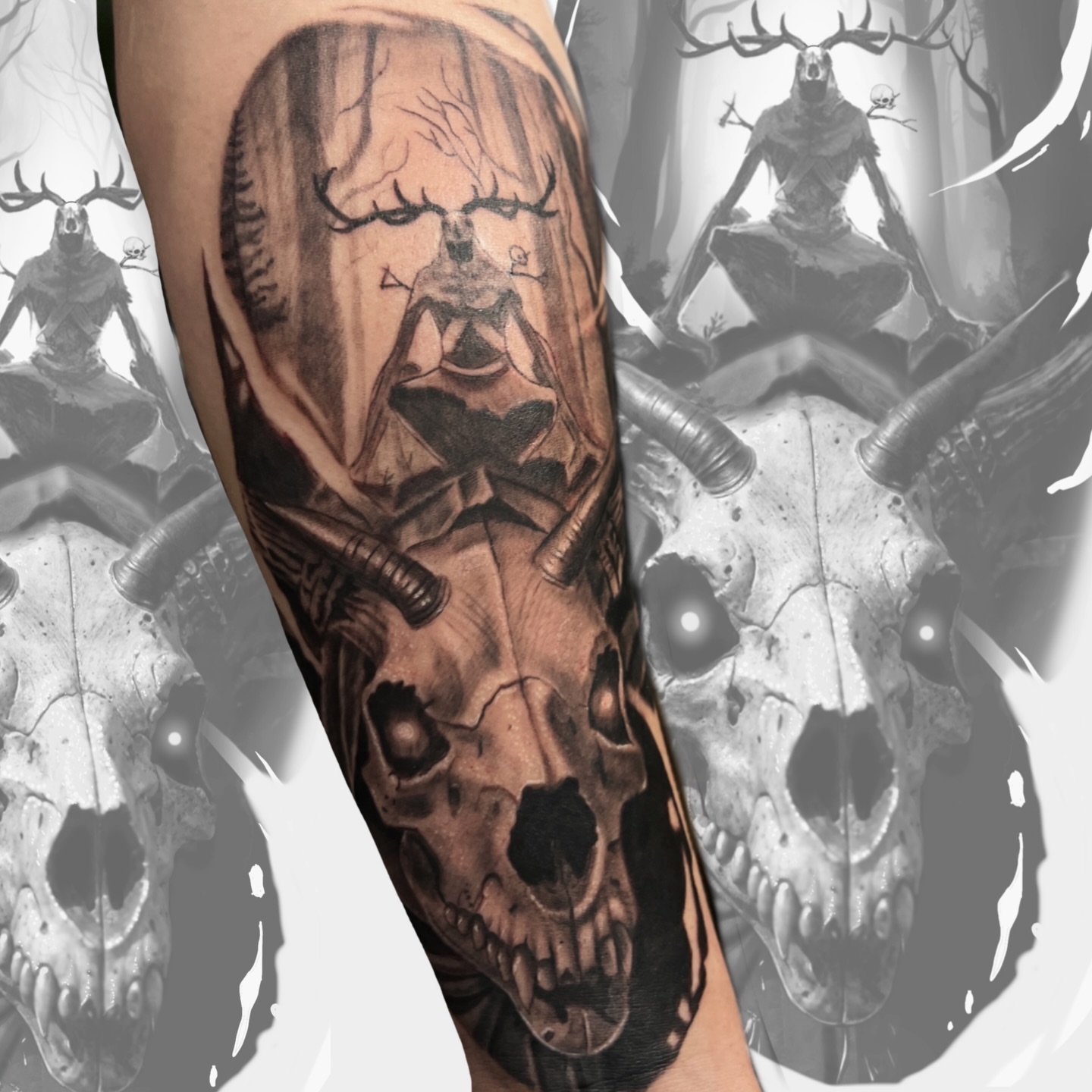 Skull and deer realism tattoo on the forearm by Romi Utah Tattoo