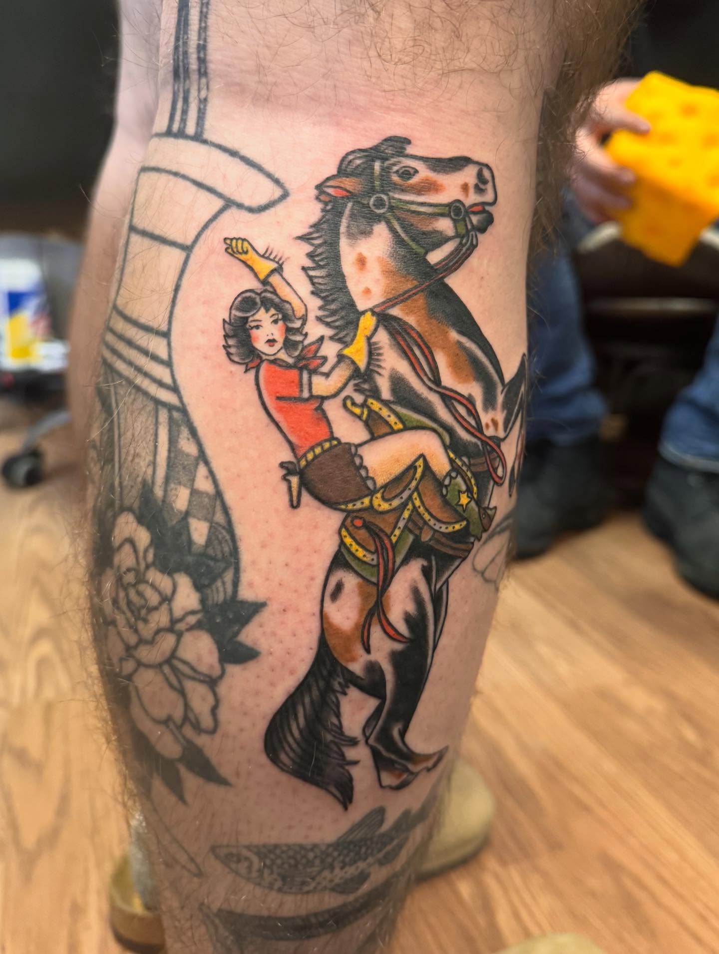 Cowgirl riding horse American traditional tattoo on the forearm by Anna