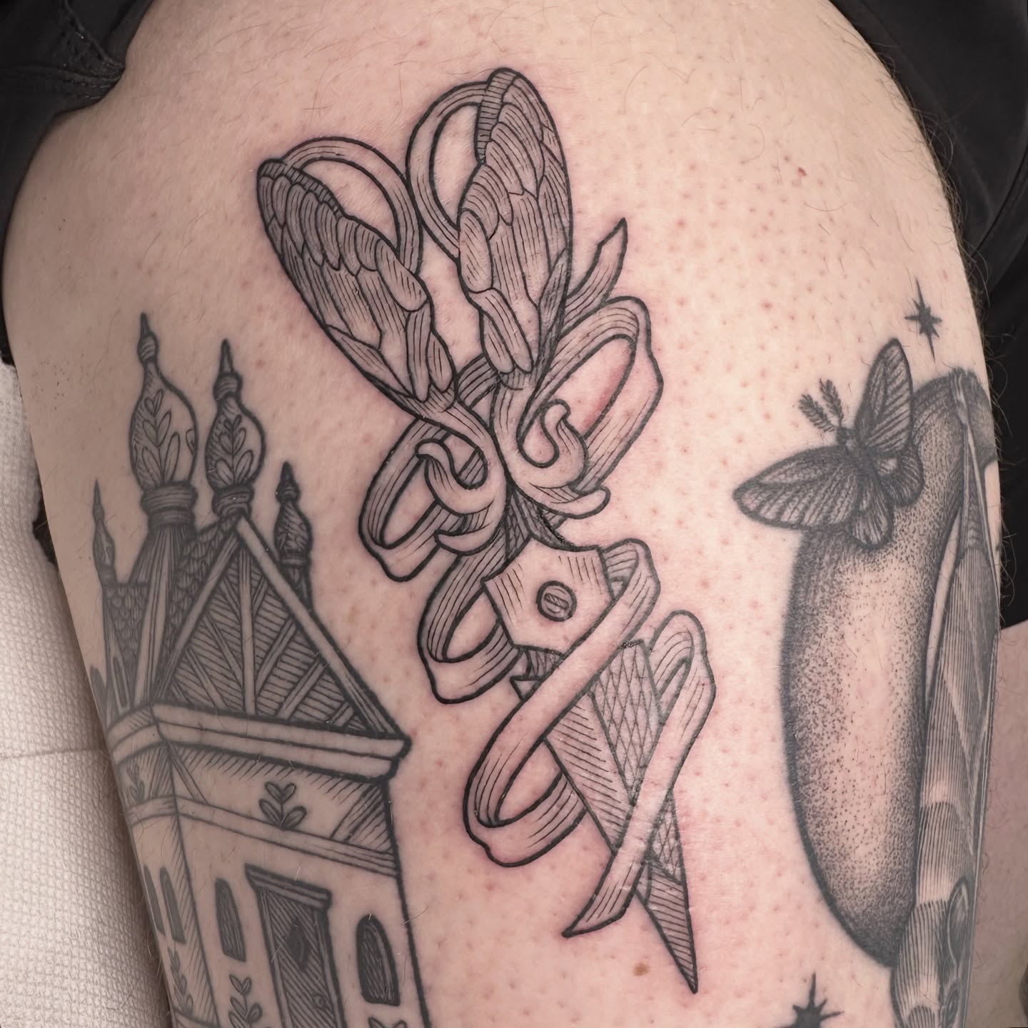 Magnolia and butterfly black and grey tattoo on the shoulder by Taylor 🍂☕️