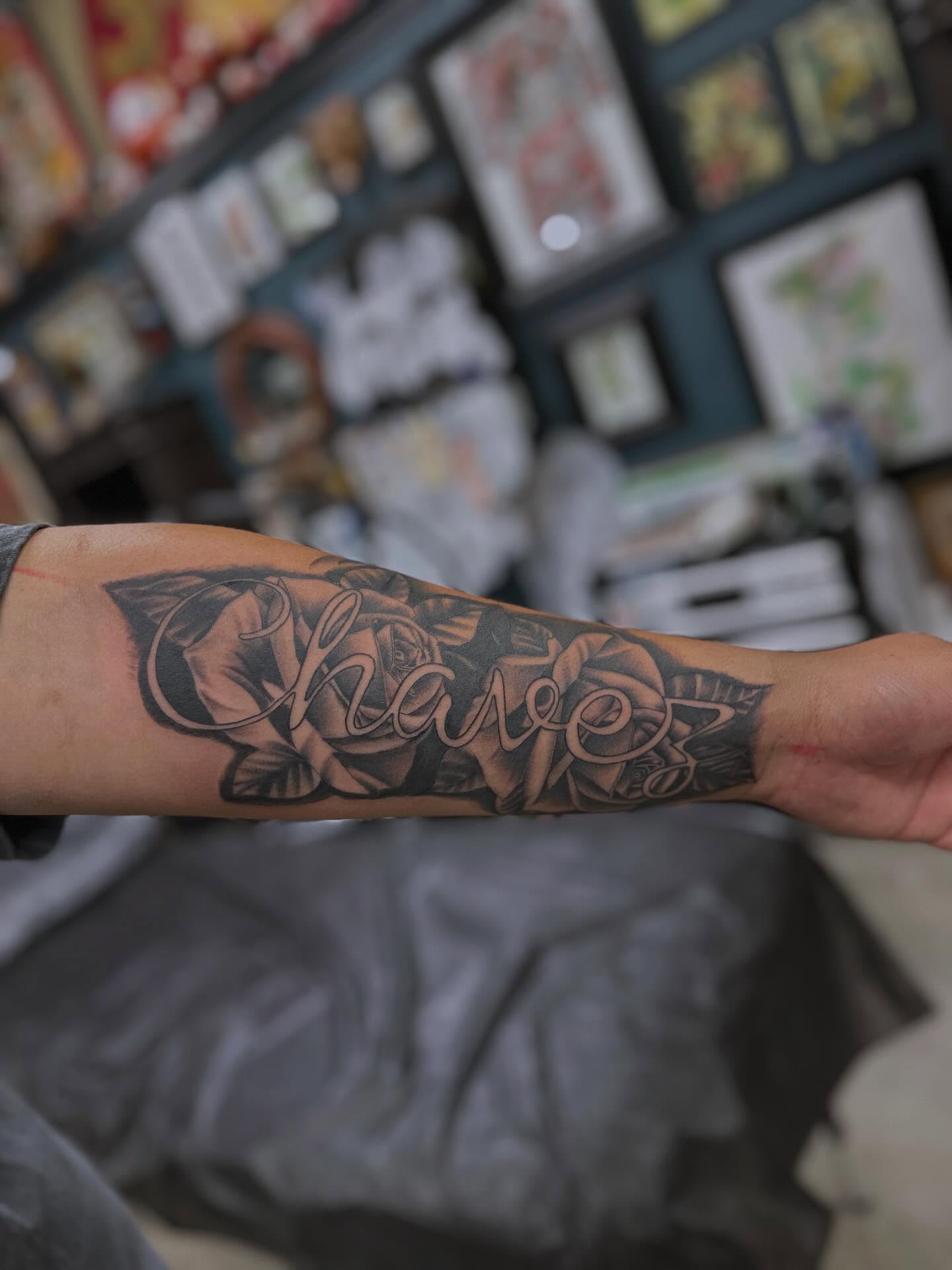 Script lettering lettering script tattoo on the forearm by Shawn Feng