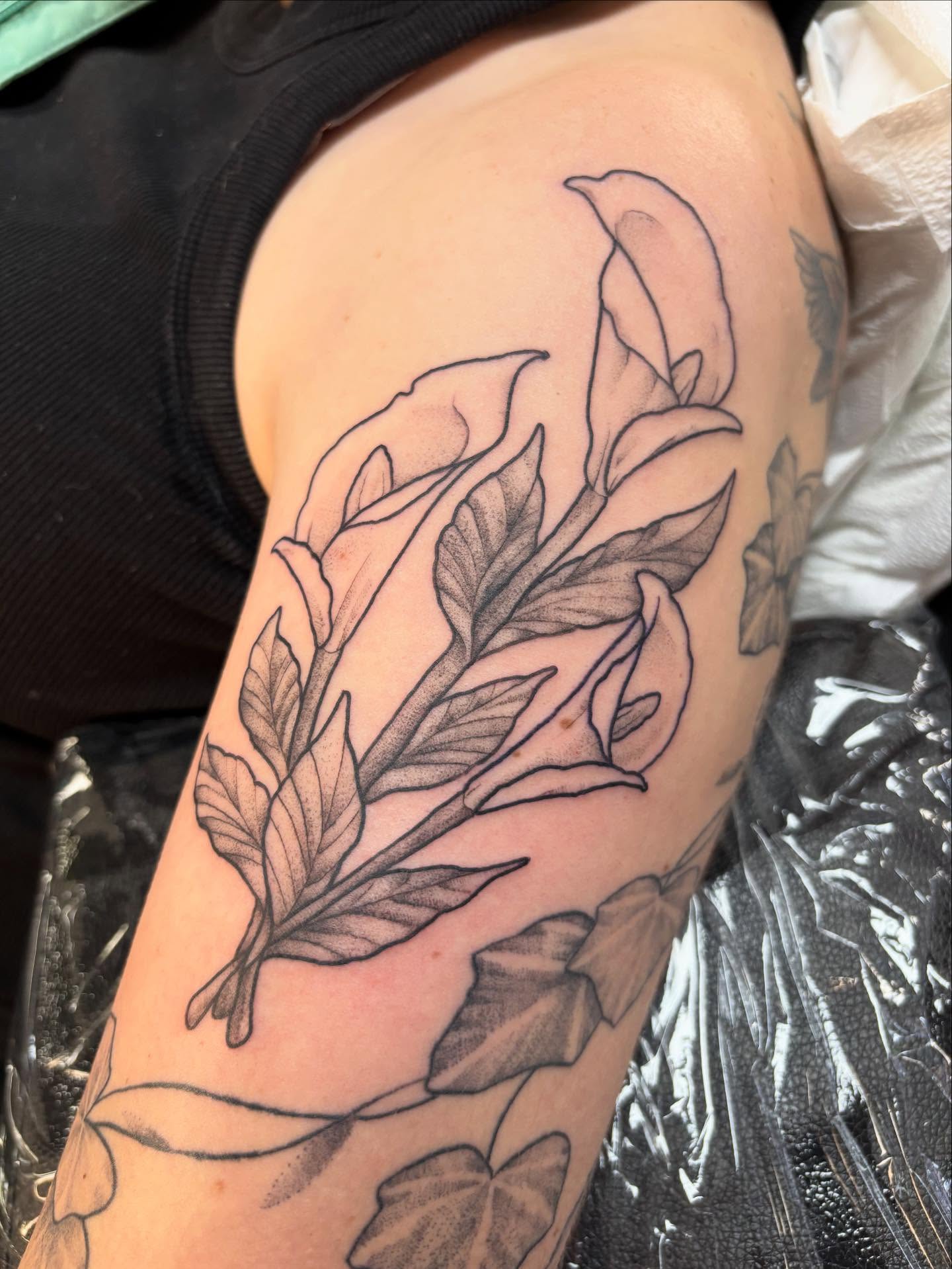 Calla lily black and grey tattoo on the upper arm by Nick Tate