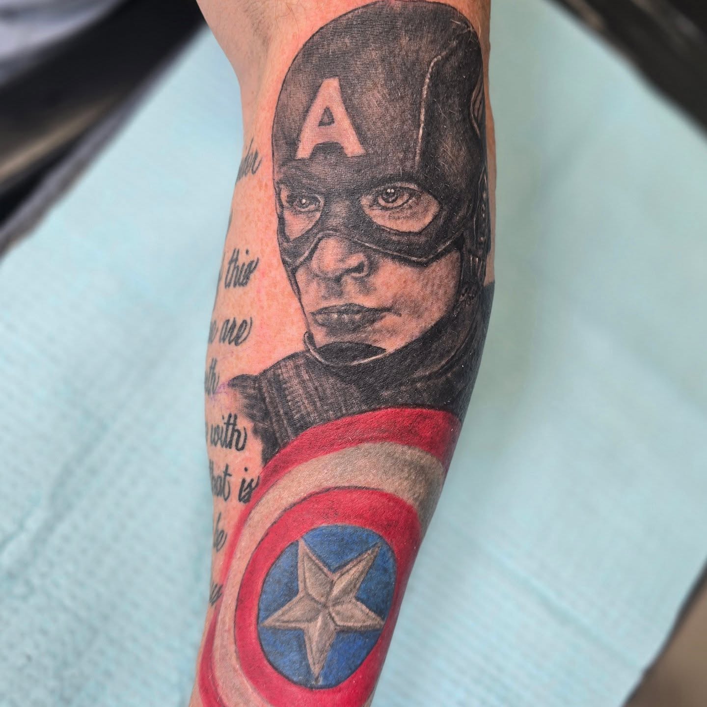 Captain america realism tattoo on the forearm by Karen Cain