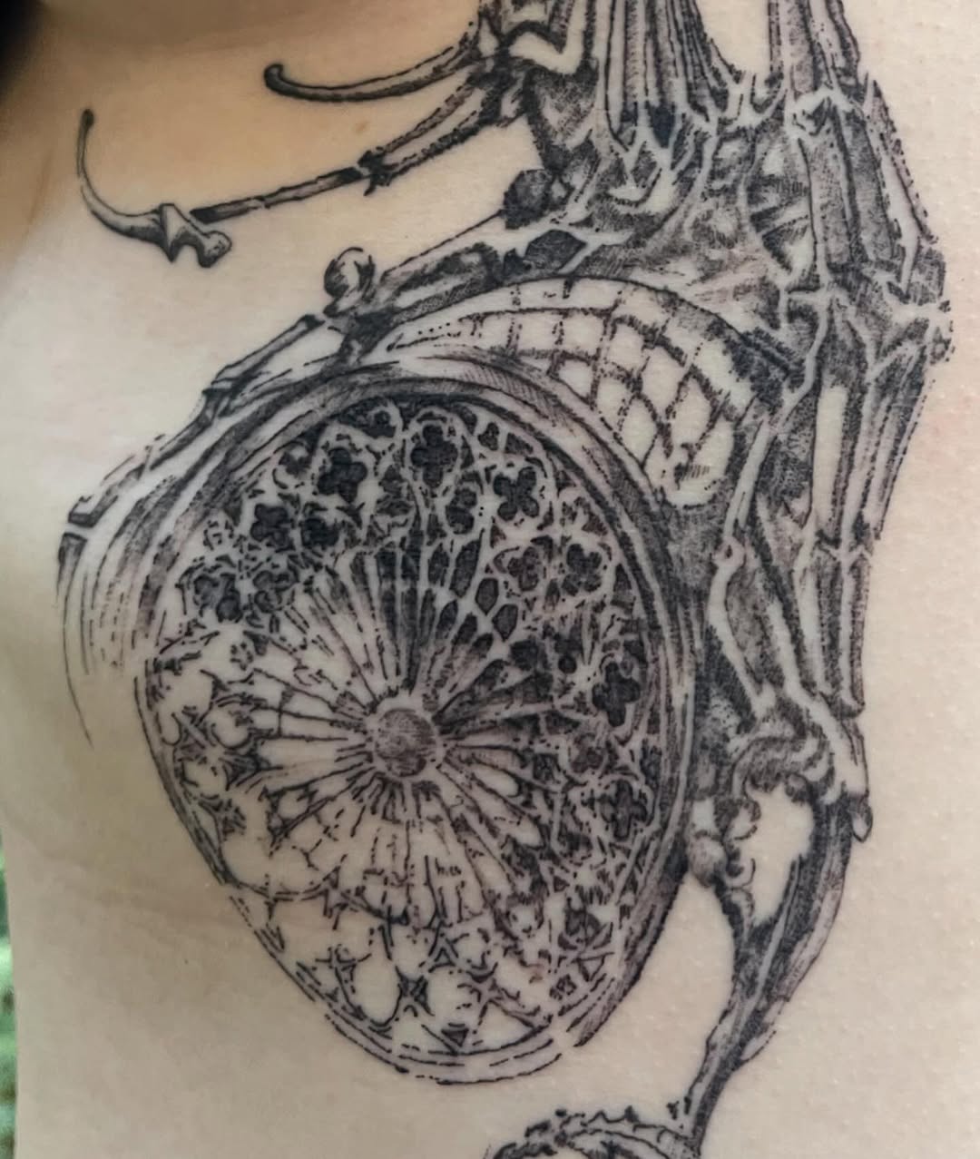 Gothic window and structure dark art tattoo on the chest by @initiationoftorture