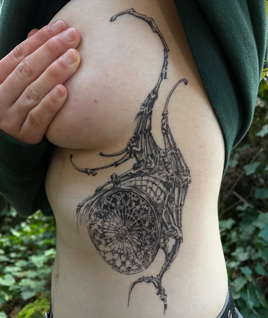 Gothic window and mechanical structure cyber sigilism tattoo on the thigh by @initiationoftorture