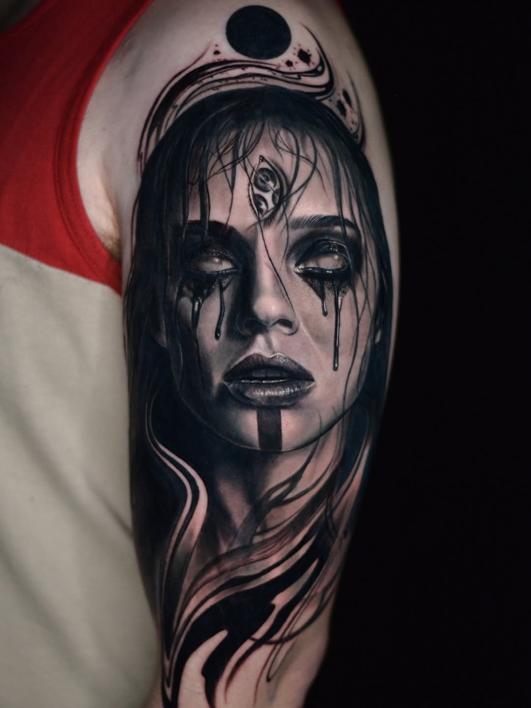 Woman's face with third eye realism tattoo on the forearm by Jules, Arlington, Texas