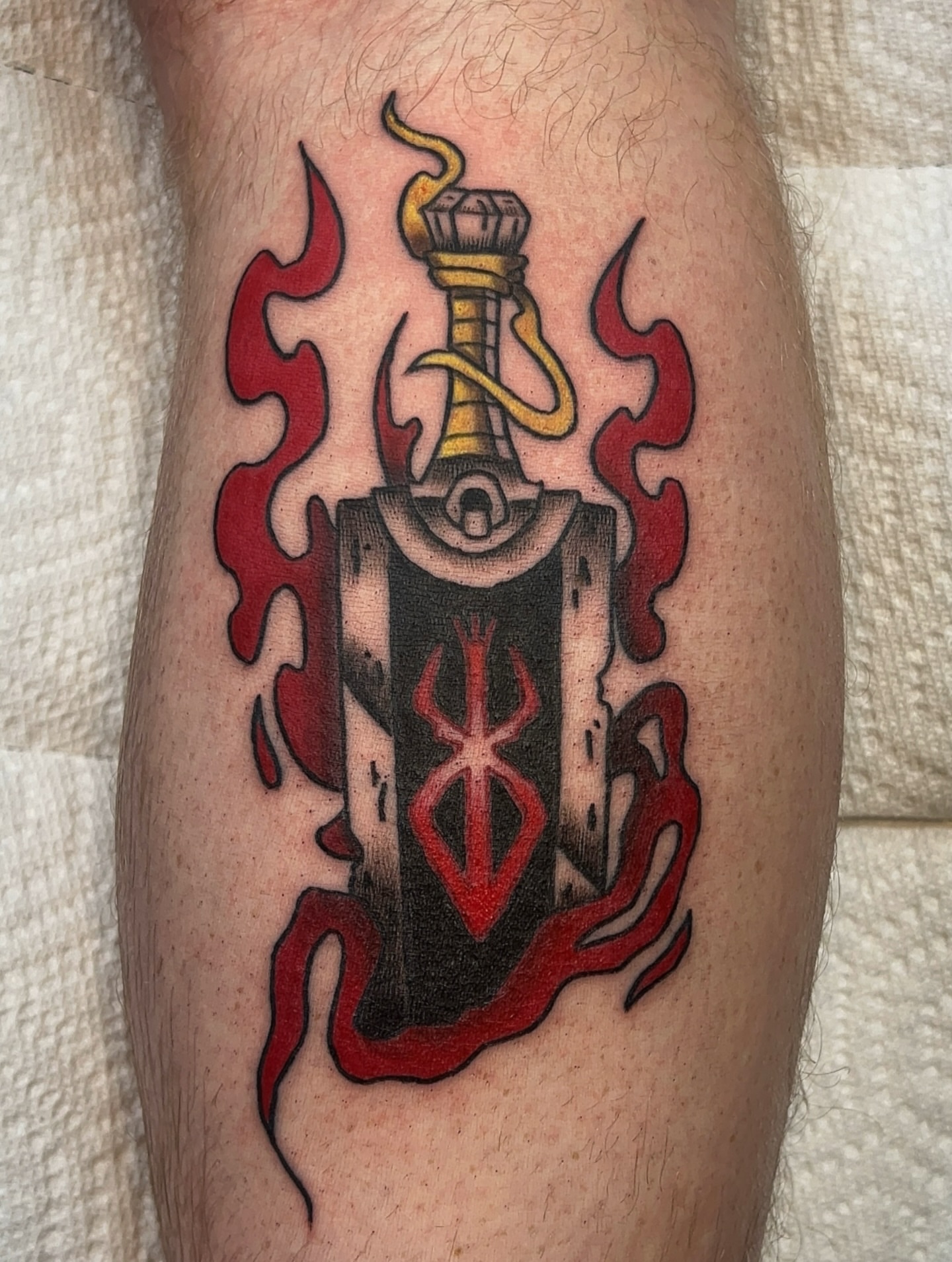 Flame and bottle American traditional tattoo on the leg by 𝑴𝒂𝒚𝒂𖤐𝑫𝒆𝑽𝒊𝒏𝒆, Dayton, Ohio