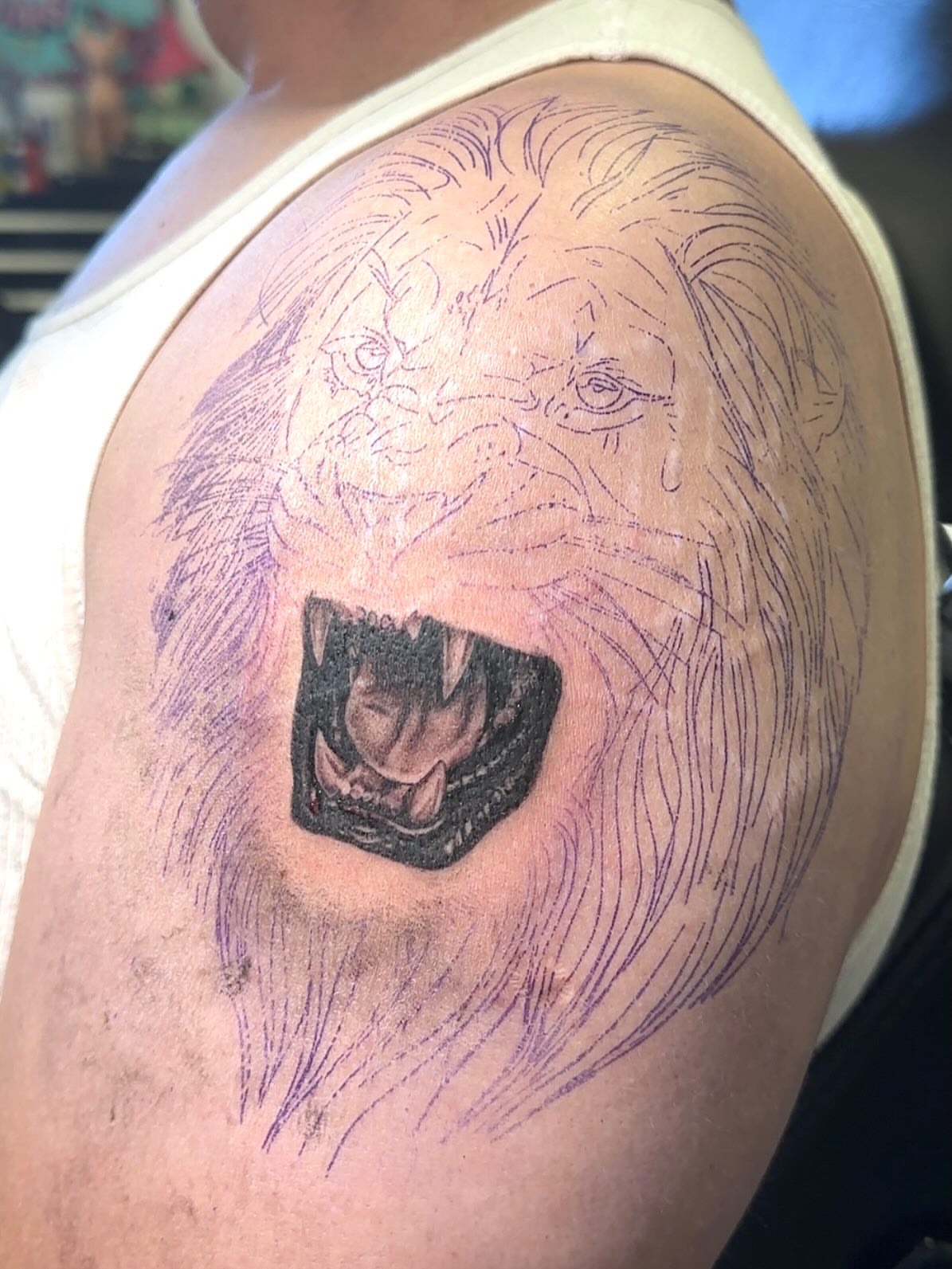 Lion realism tattoo on the shoulder by kenna