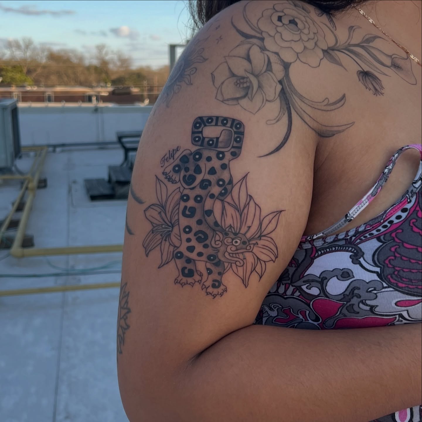 Jaguar and flowers Chicano tattoo on the shoulder by syiko ☆ 。・:*˚:✧。, Austin, Texas