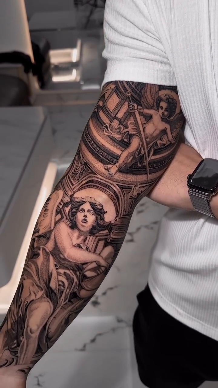 Angelic figure with architectural elements realism tattoo by Viktor Govorukhin