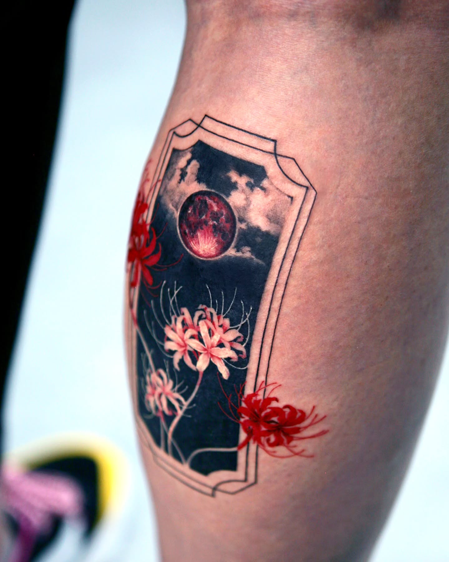 Flower and shield geometric tattoo on the forearm by danha_seoul tattooist